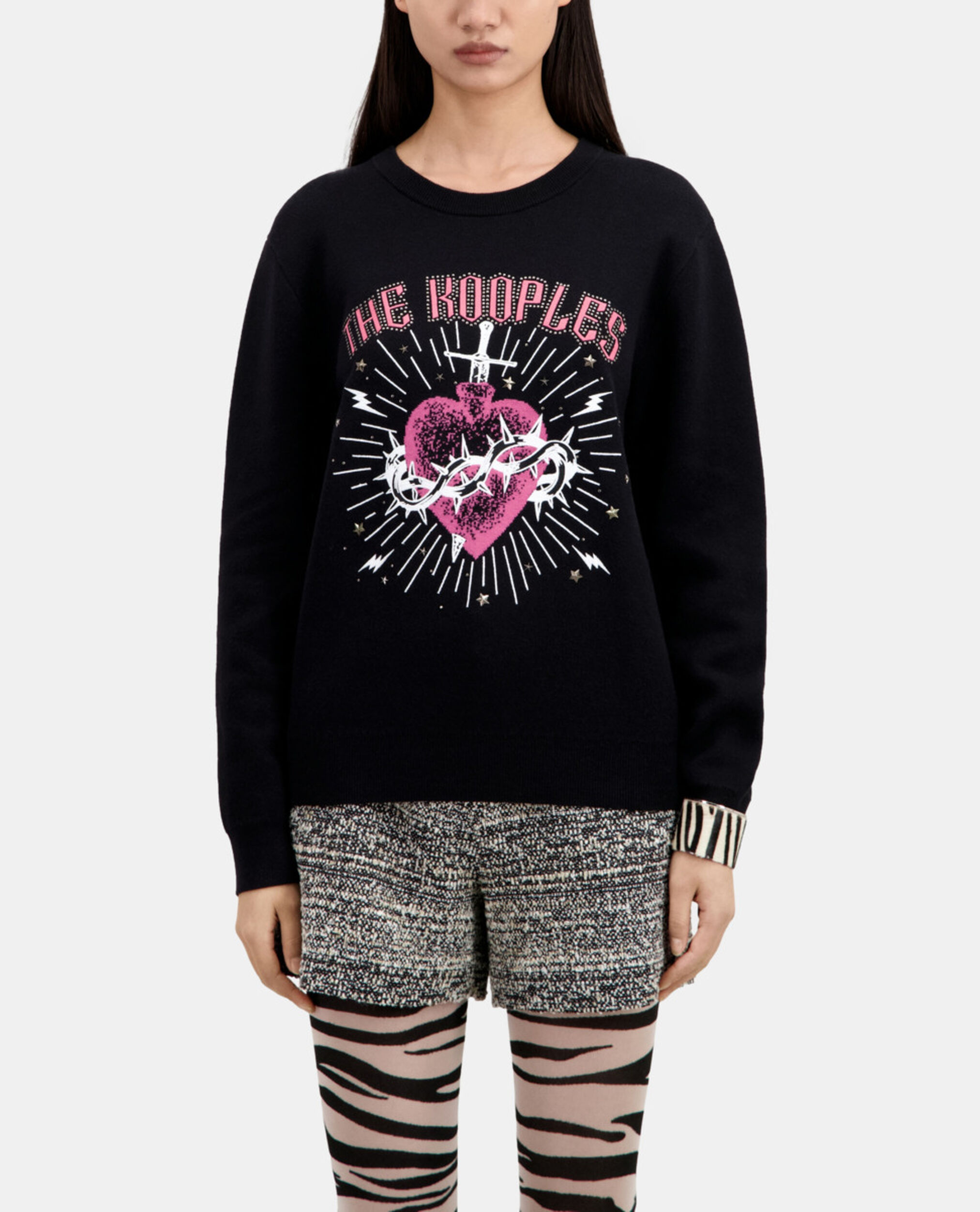 Dagger through heart black jumper with stars, BLACK WHITE, hi-res image number null