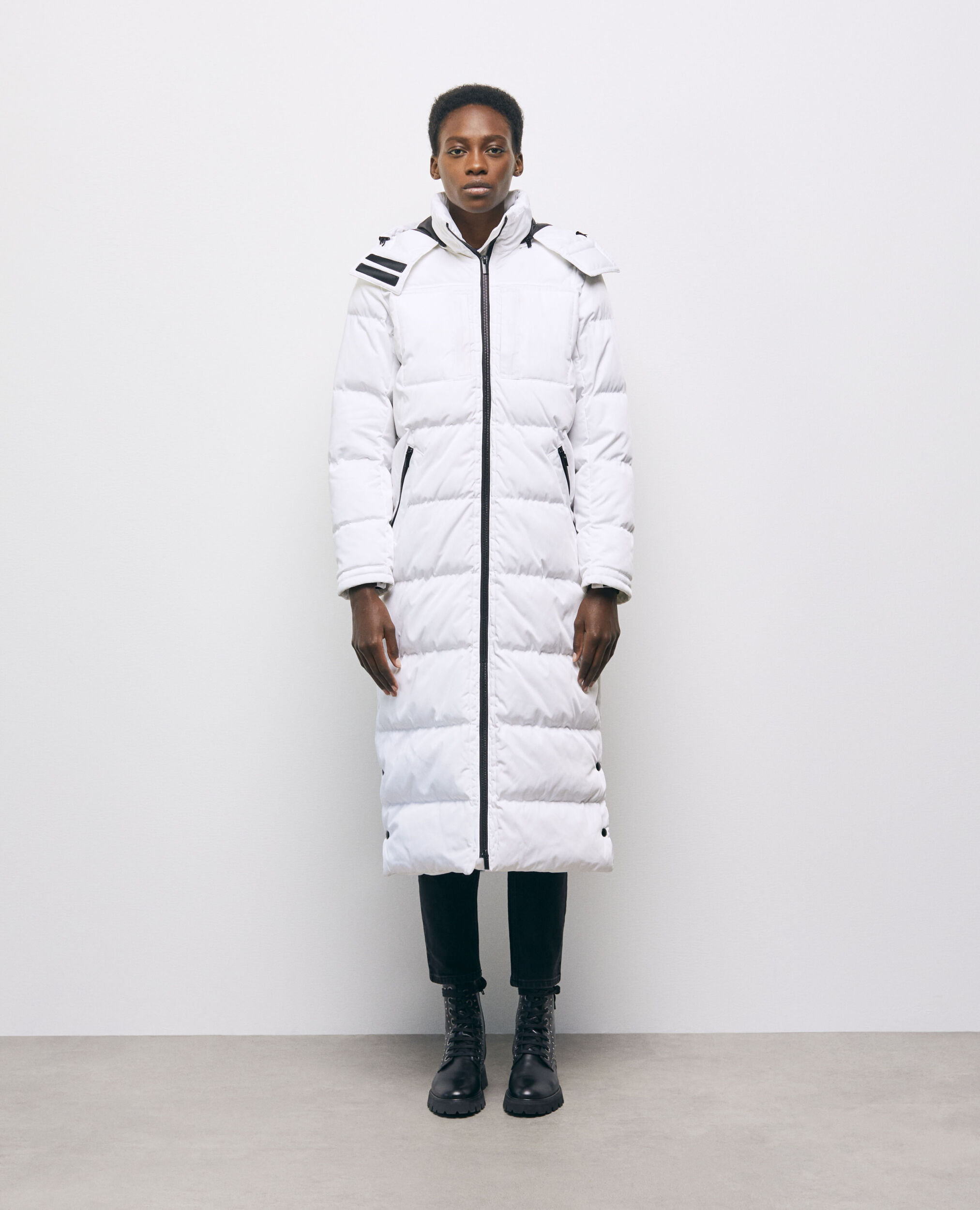 Long white down jacket with straps and logo, WHITE, hi-res image number null