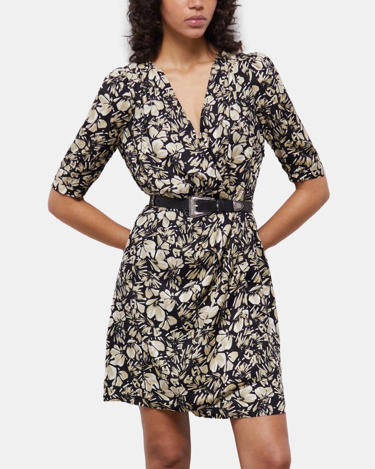 The Kooples WOMEN BLACK BROWN short printed wrap dress