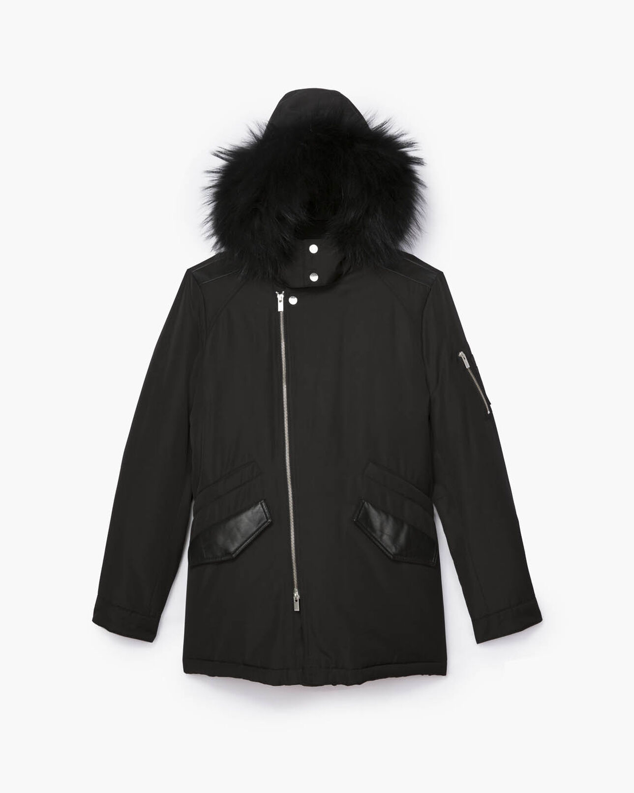 The Kooples HERREN BLACK biker parka mit abnehmbarer gefütterter kapuze und lederdetails