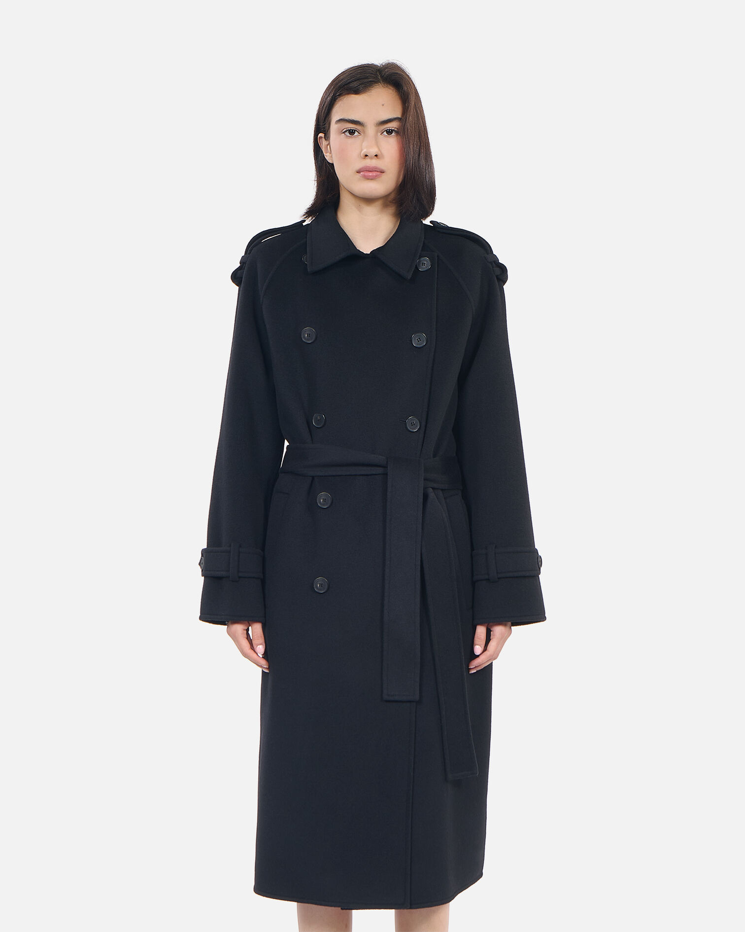 Manteau en laine style trench noir, BLACK, hi-res image number null