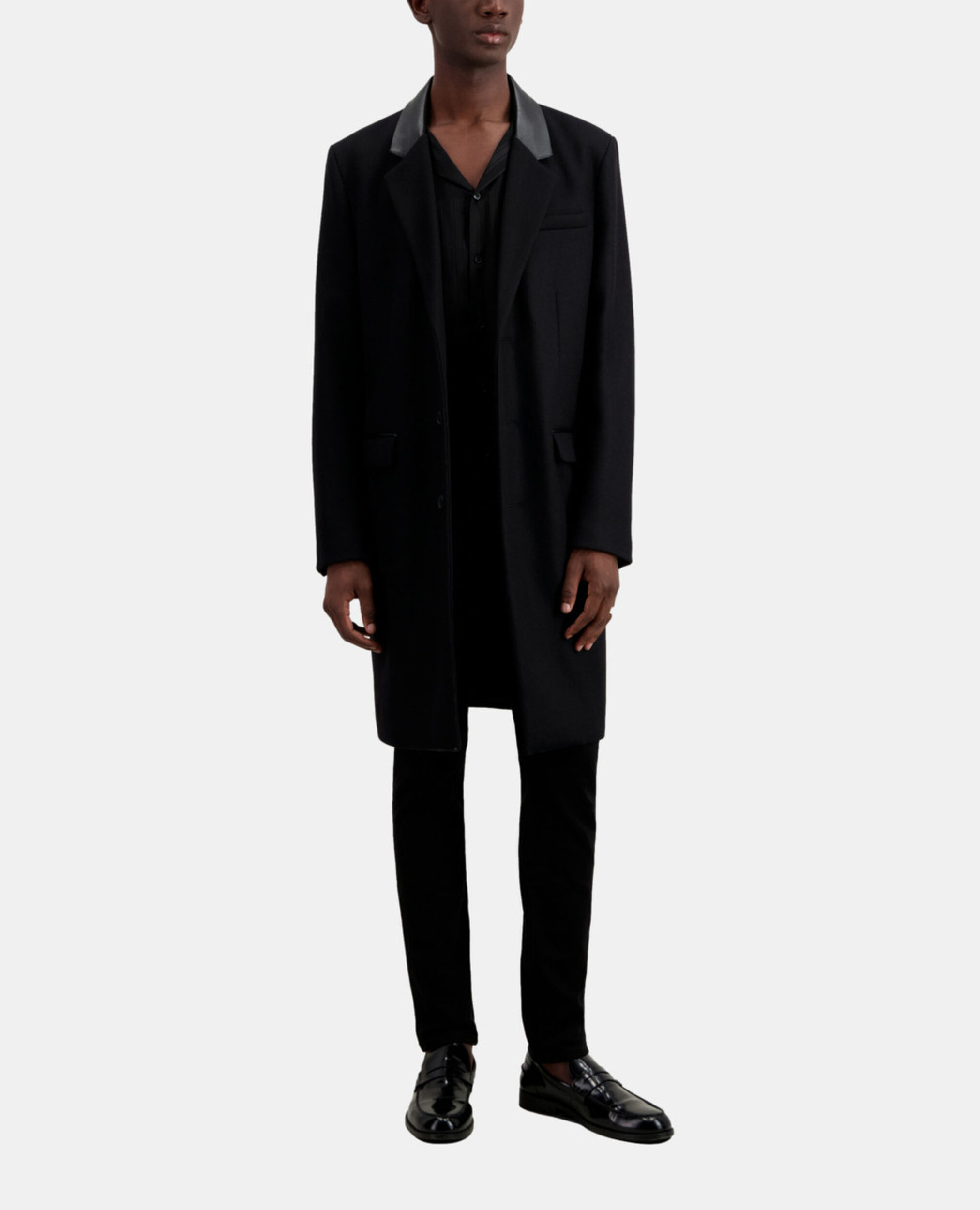 Long black coat in wool blend with leather details, BLACK, hi-res image number null