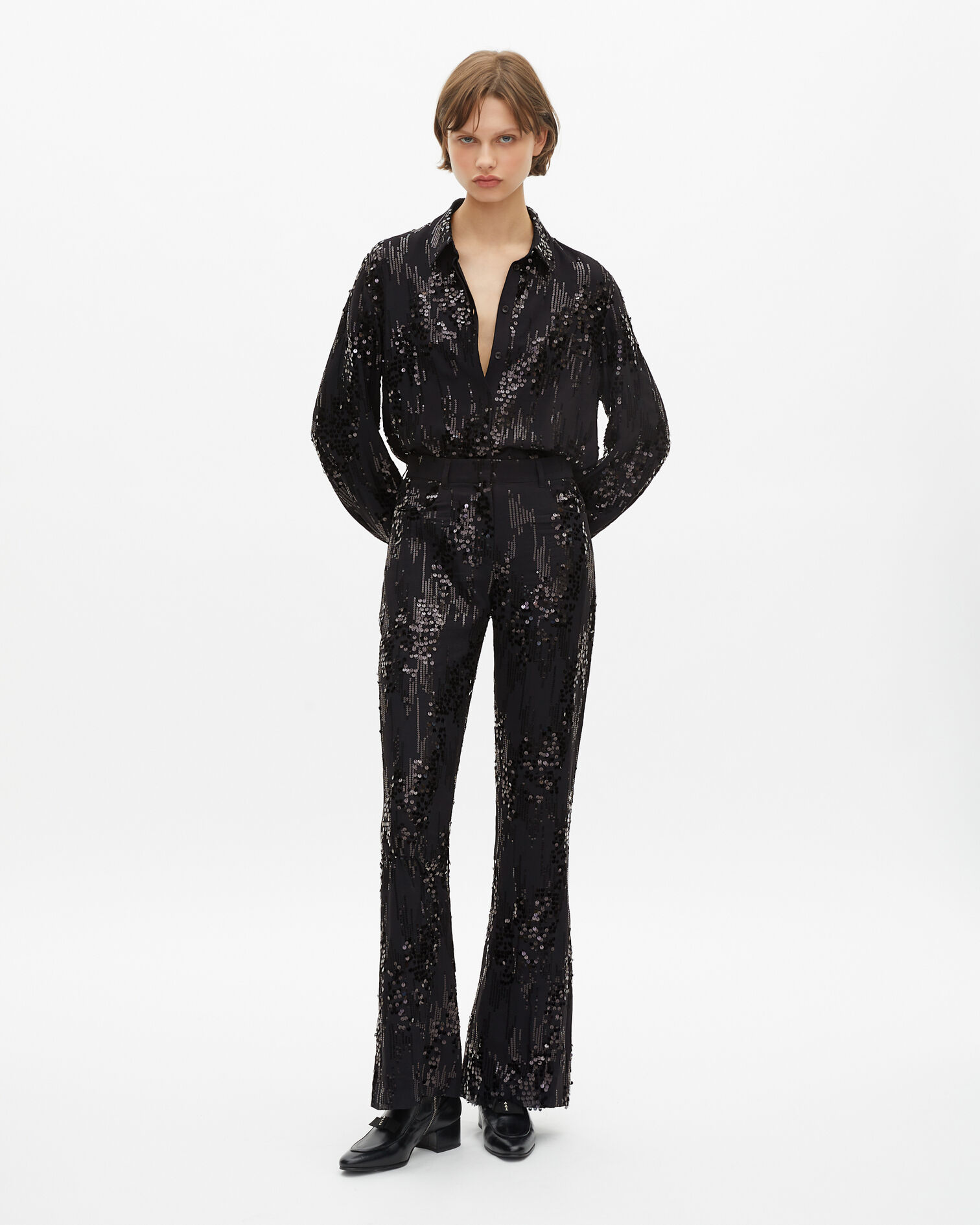 Pantalon flare à sequins noir, BLACK, hi-res image number null