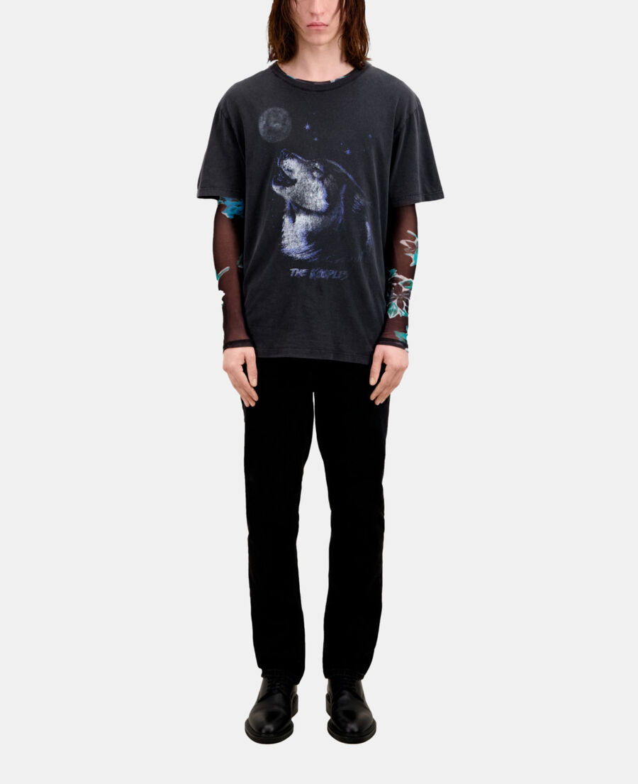 The Kooples H BLACK WASHED men's black t-shirt with wolf serigraphy