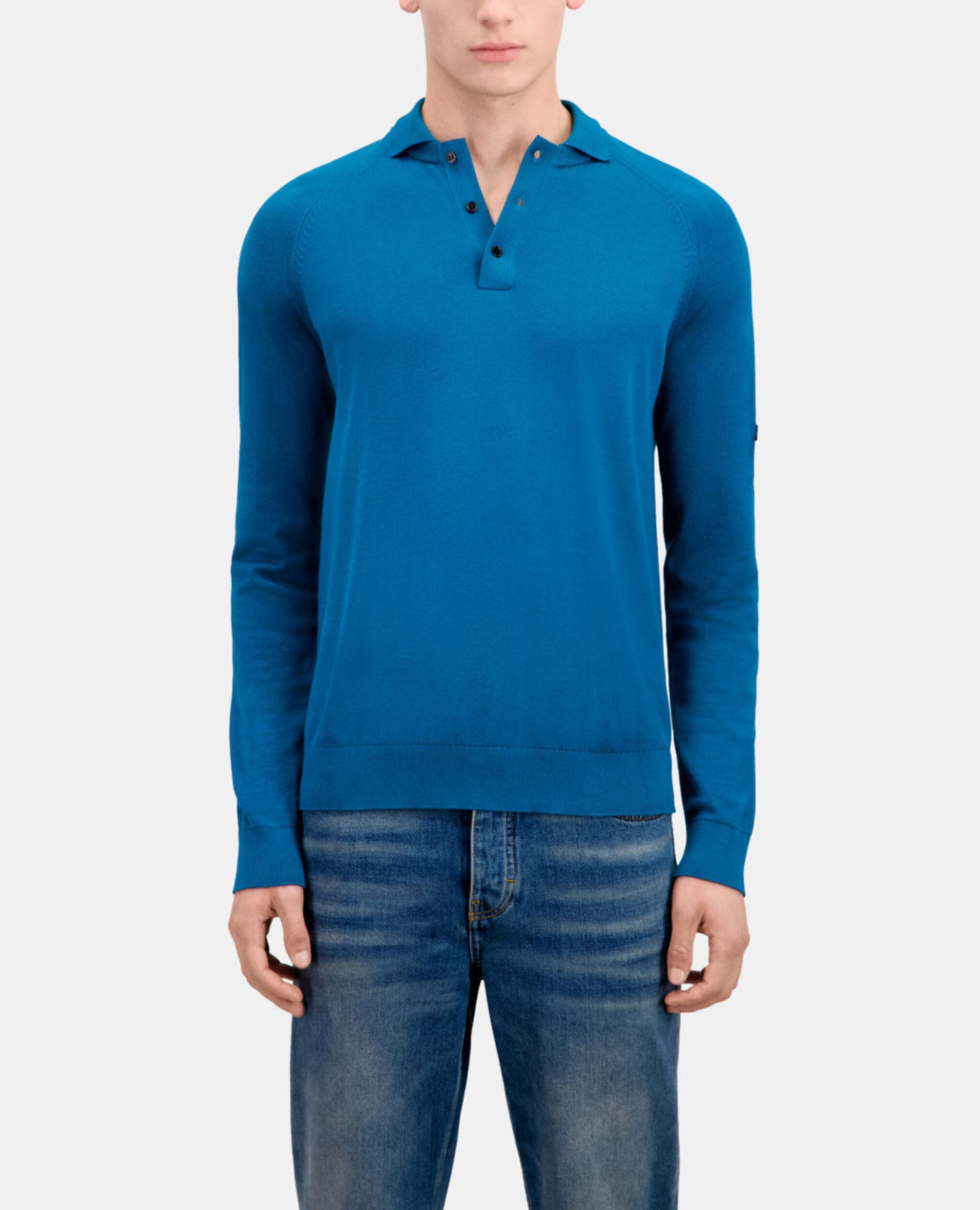 Polo bleu en maille, MEDIUM BLUE, hi-res image number null
