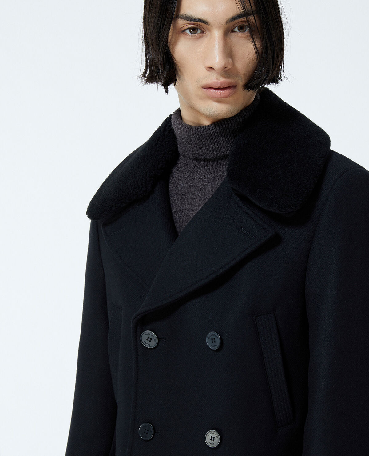 Black coat in wool w matched sheepskin collar The Kooples