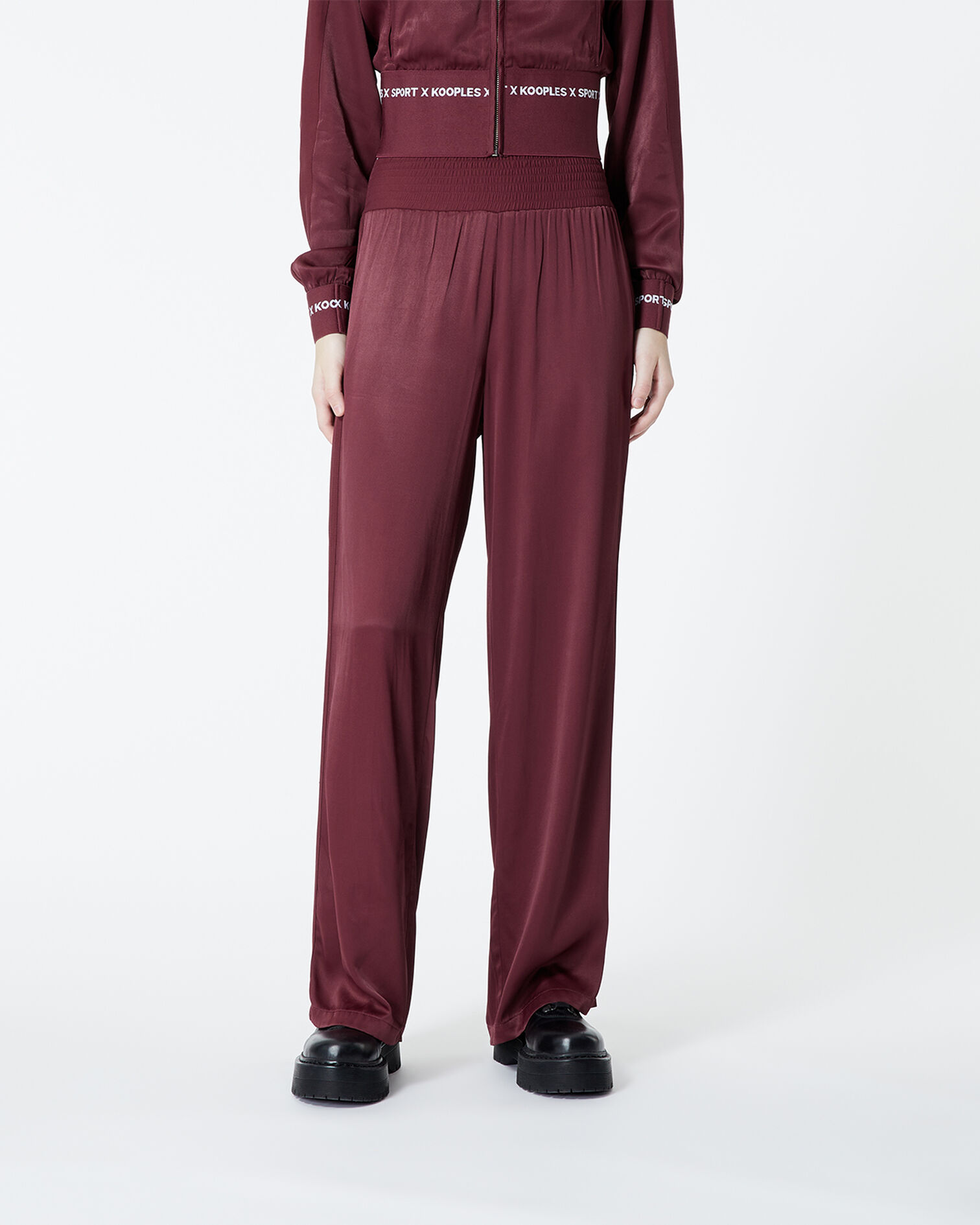 Burgundy pants in flowing fabric w/elastic, BURGUNDY, hi-res image number null