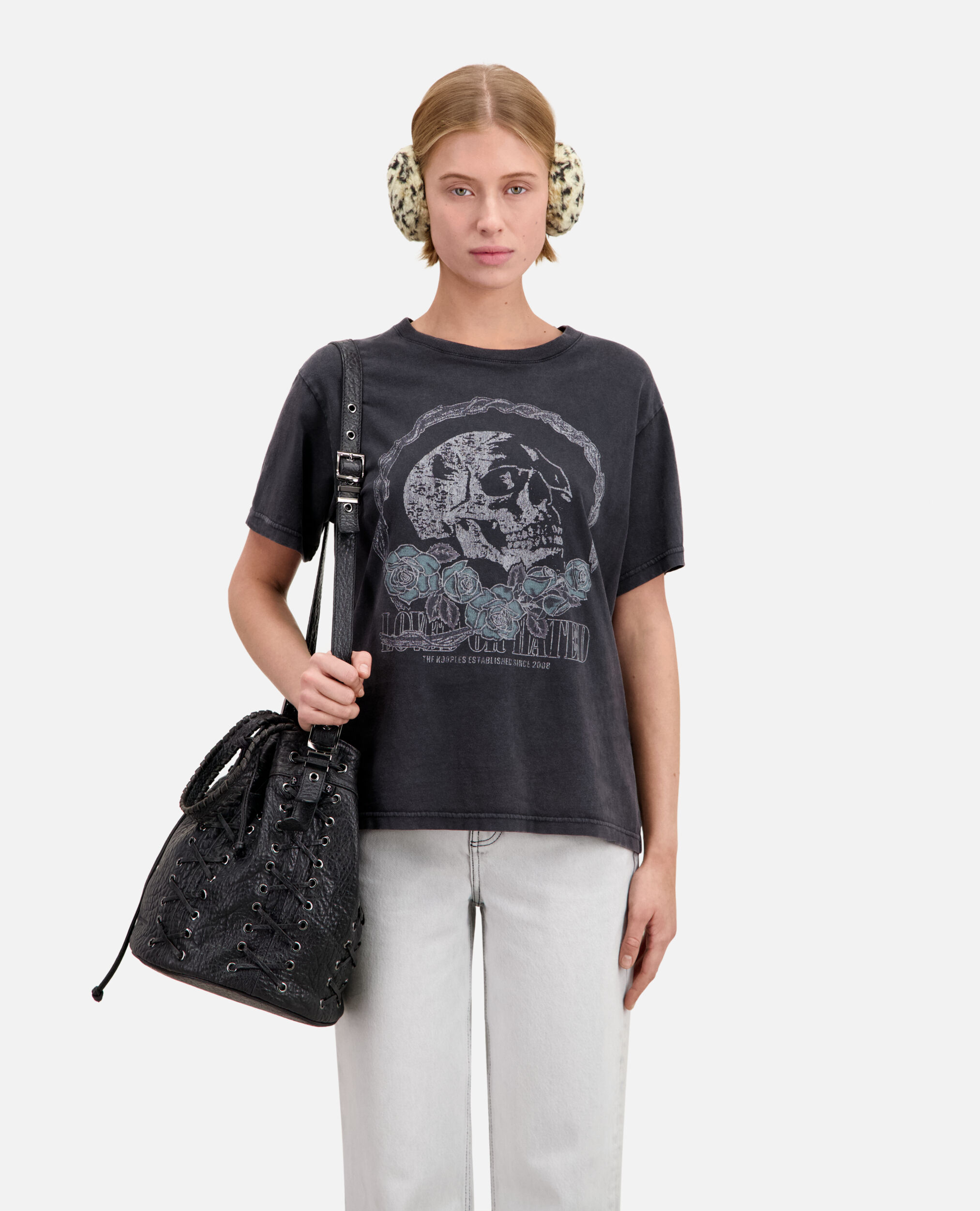 Schwarzes T-Shirt Damen mit Vintage-Skull-Siebdruck, BLACK WASHED, hi-res image number null