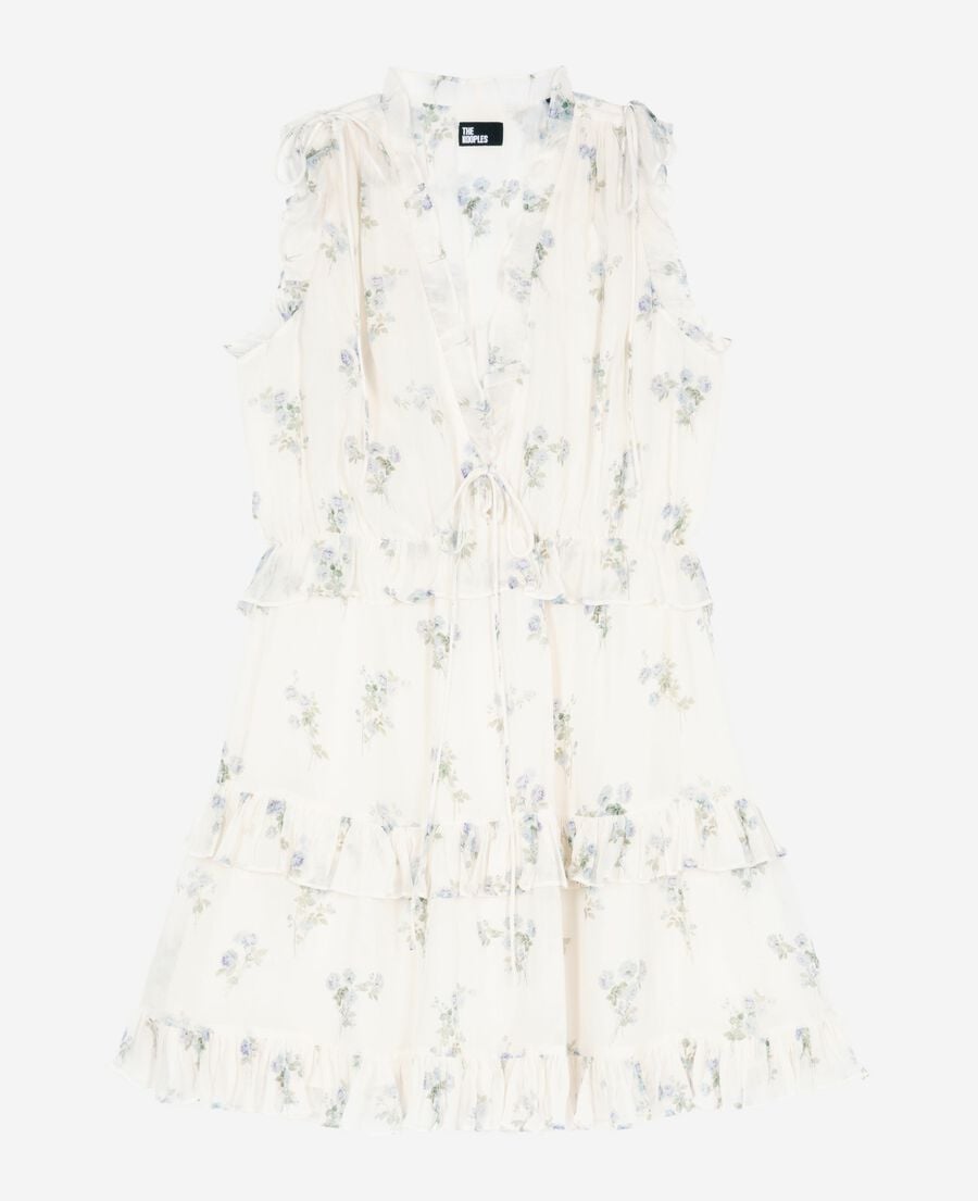 The Kooples F WHITE / SKY BLUE white floral print short dress with ruffles