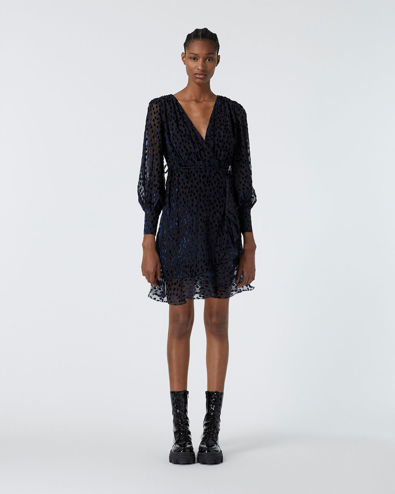 The Kooples WOMEN BLACK / PURPLE burnout velvet wrap dress with polka dots