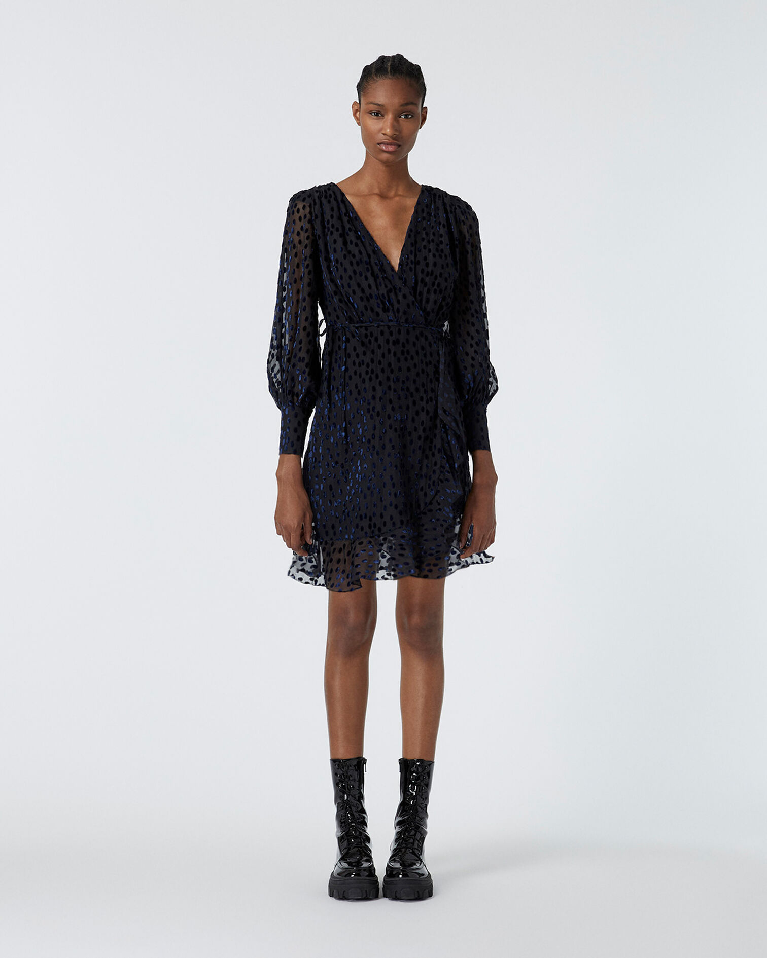Burnout velvet wrap dress with polka dots, BLACK / PURPLE, hi-res image number null