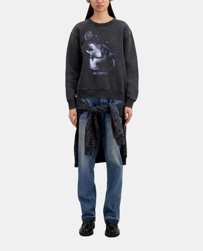 The Kooples FEMME BLACK WASHED sweatshirt femme noir avec sérigraphie wolf
