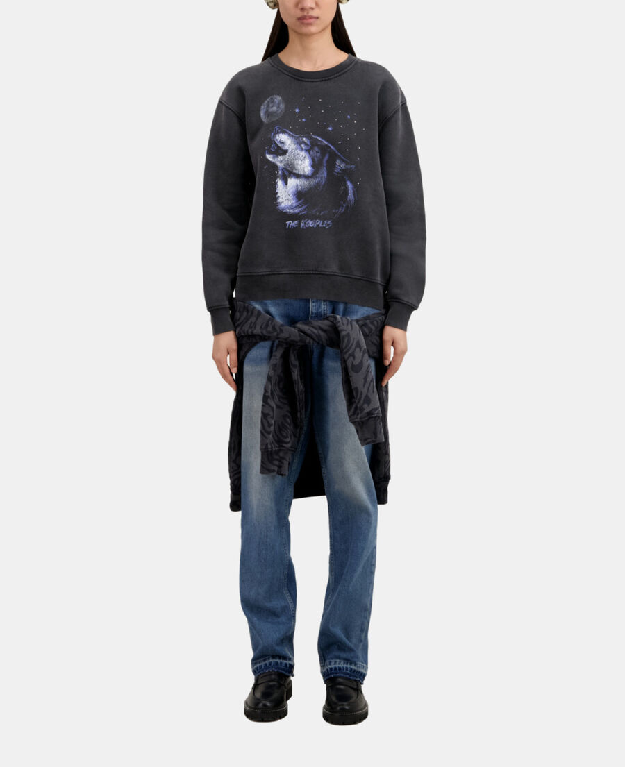 The Kooples FEMME BLACK WASHED sweatshirt femme noir avec sérigraphie wolf