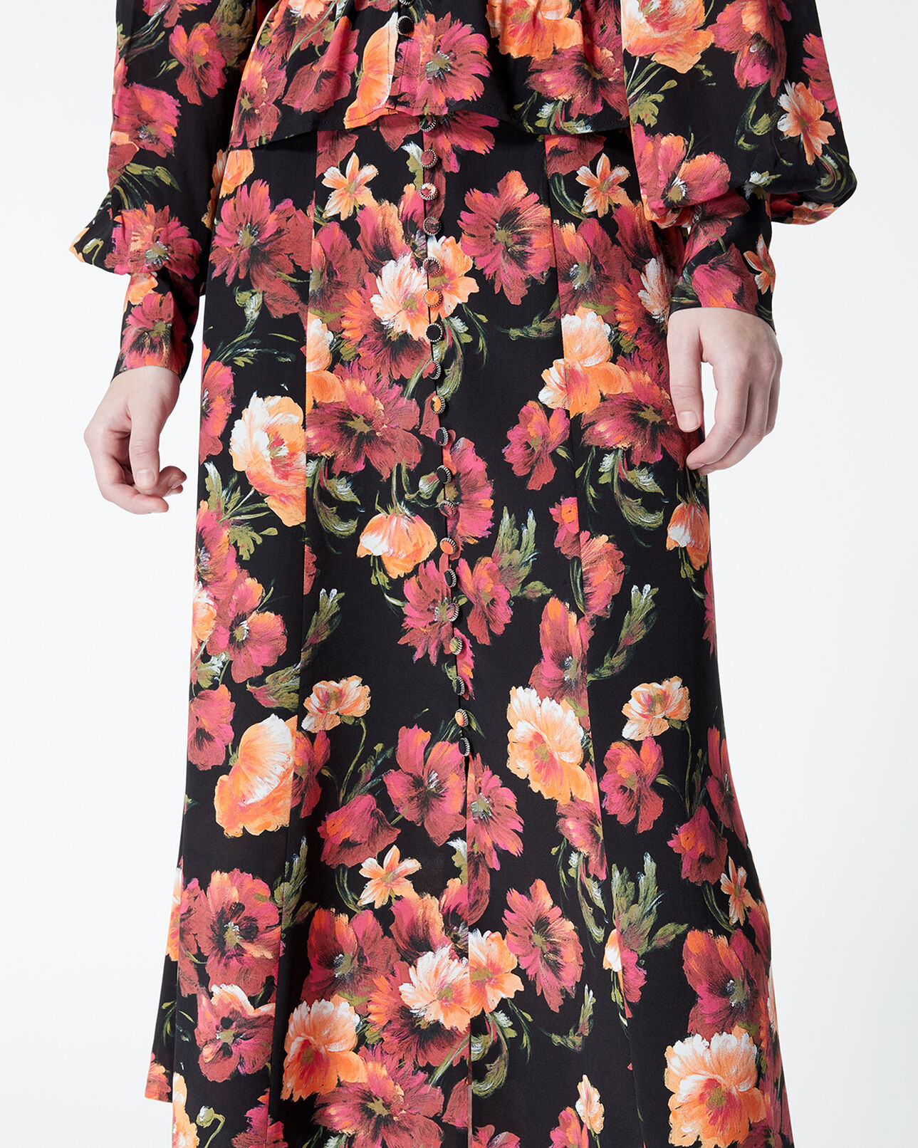 The Kooples WOMEN MULTICOLOR long printed skirt in silk with floral motif