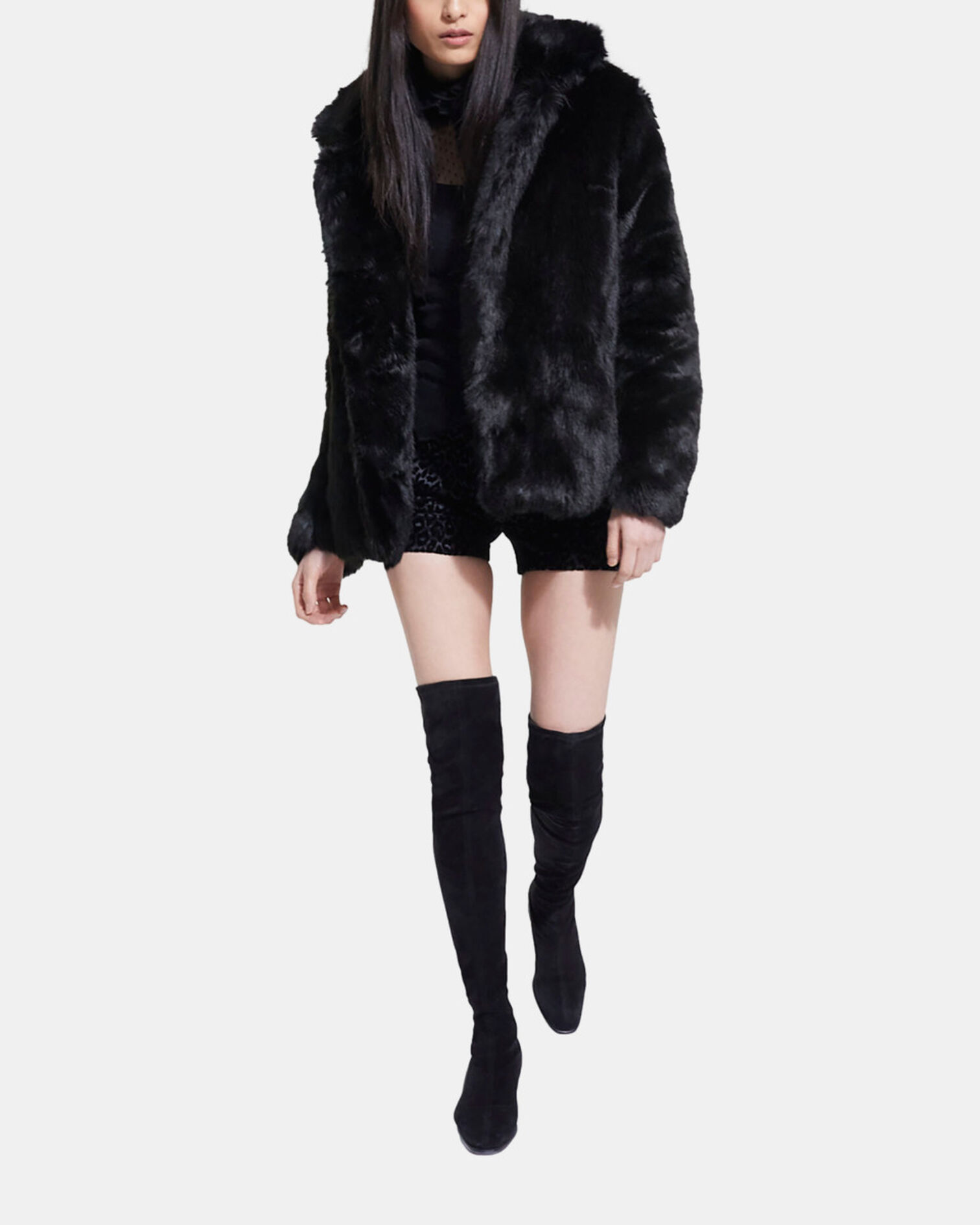 Black faux fur coat, BLACK, hi-res image number null