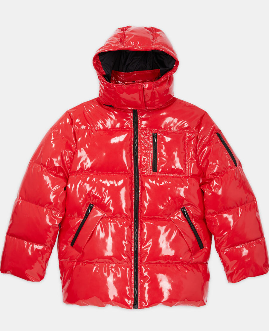 red oversized vinyl down jacket with straps and logo