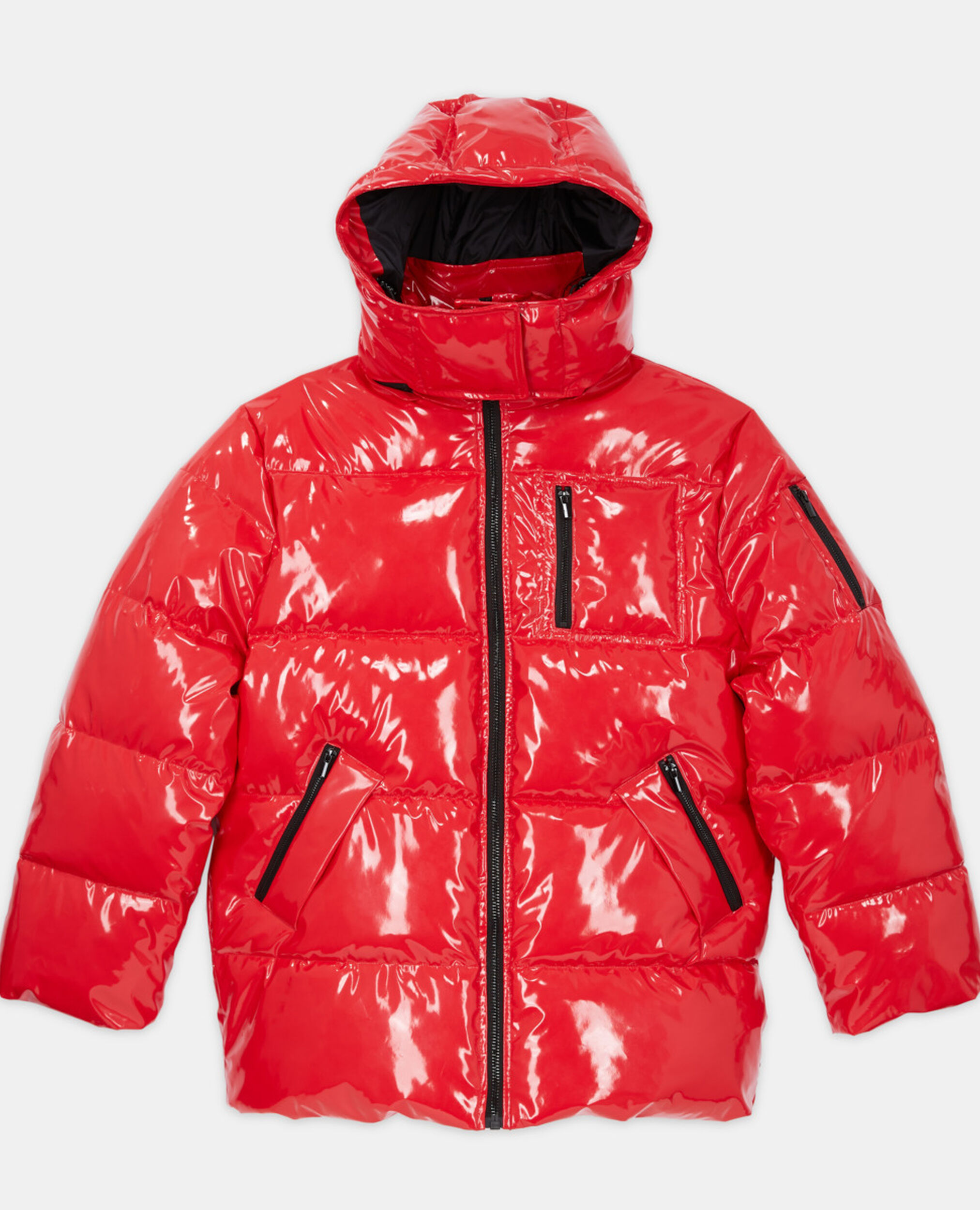 Red oversized vinyl down jacket with straps and logo, RED, hi-res image number null
