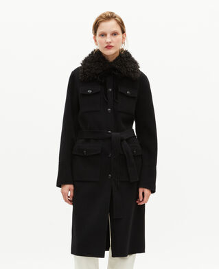 The Kooples WOMEN BLACK long double-sided wool coat with black sherpa collar