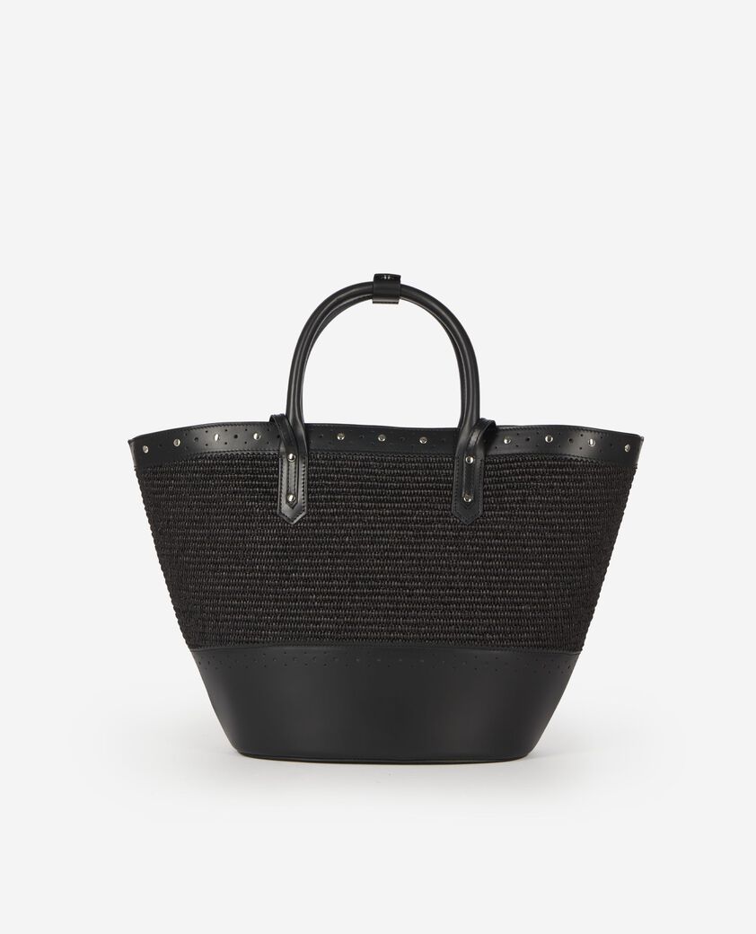 The Kooples FEMME BLACK sac cabas en cuir et raphia noir