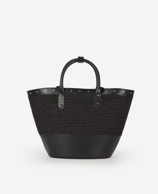 The Kooples FEMME BLACK sac cabas en cuir et raphia noir