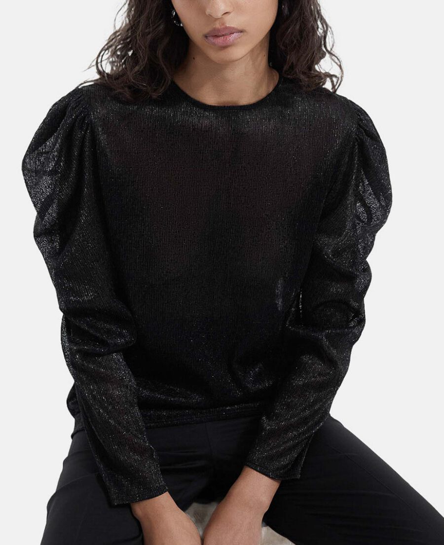 flowing black top with puffed sleeves