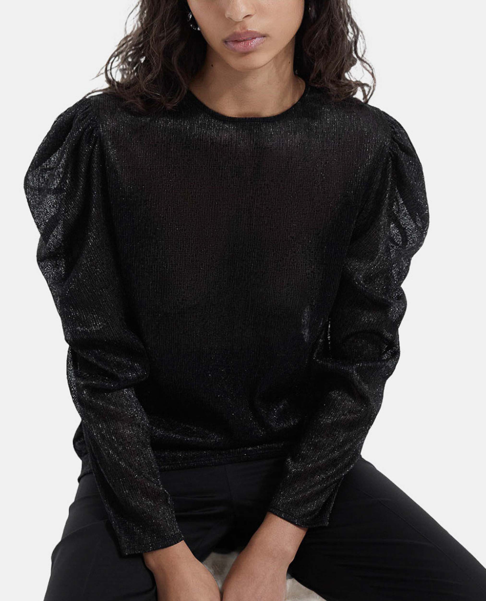 Flowing black top with puffed sleeves, BLACK, hi-res image number null