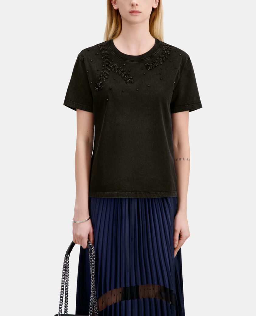 The Kooples WOMEN BLACK WASHED black t-shirt with bijou embroidery