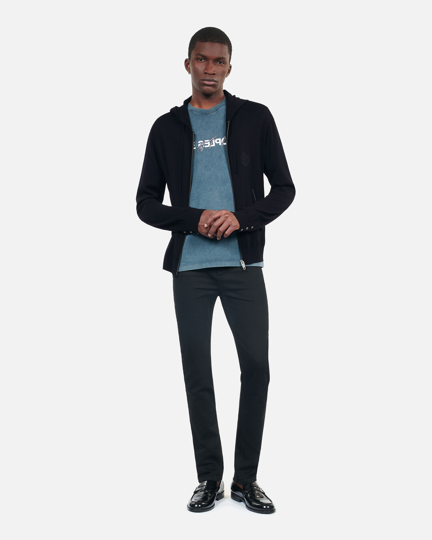 Black wool hooded cardigan, BLACK, hi-res image number null