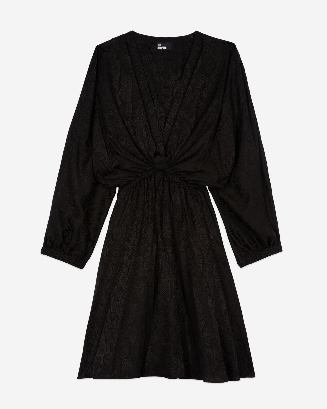 The Kooples DAMEN BLACK schwarzes kurzes jacquardkleid in pythonoptik mit drapierung