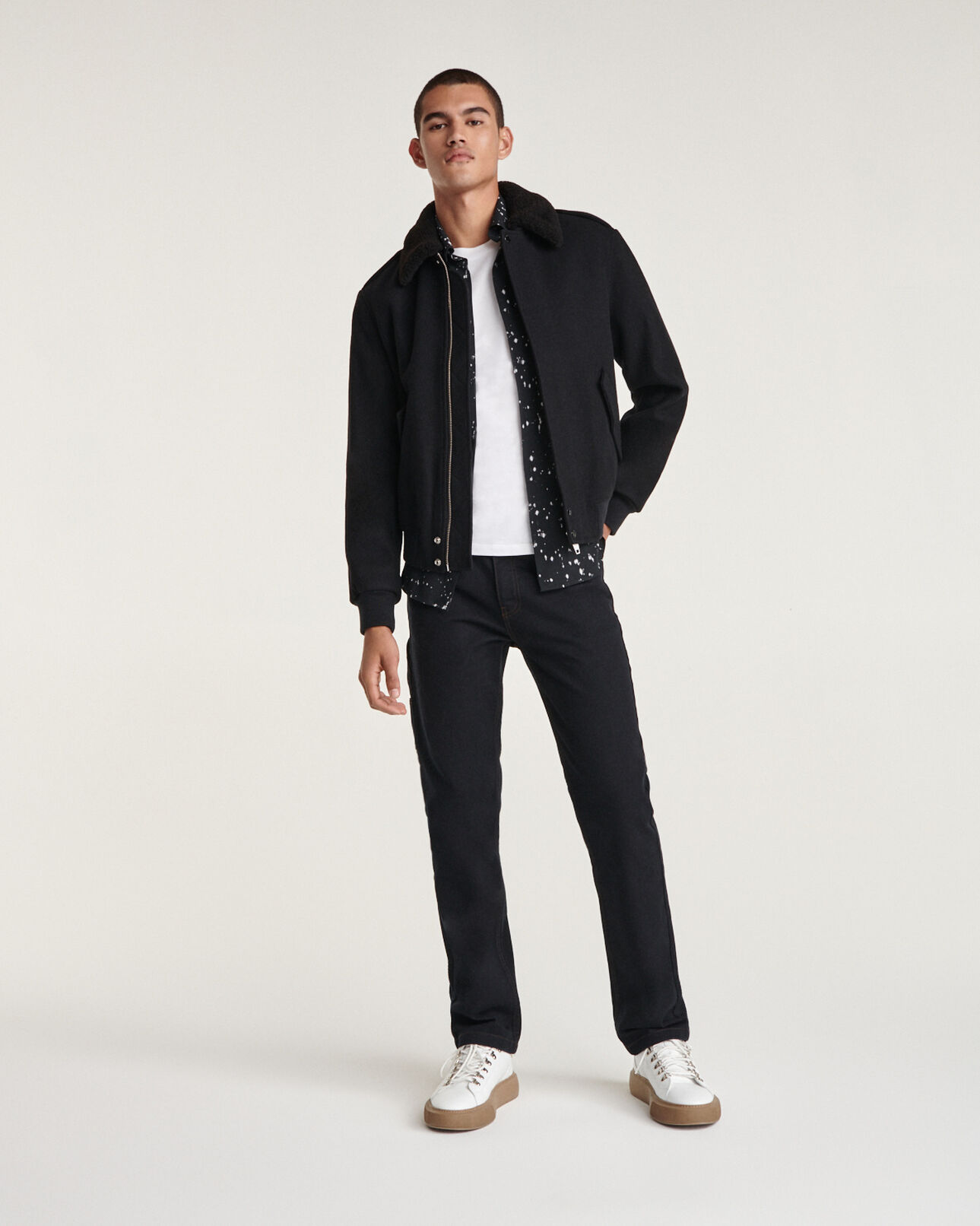 The Kooples HOMME BLACK blouson laine noire col marron