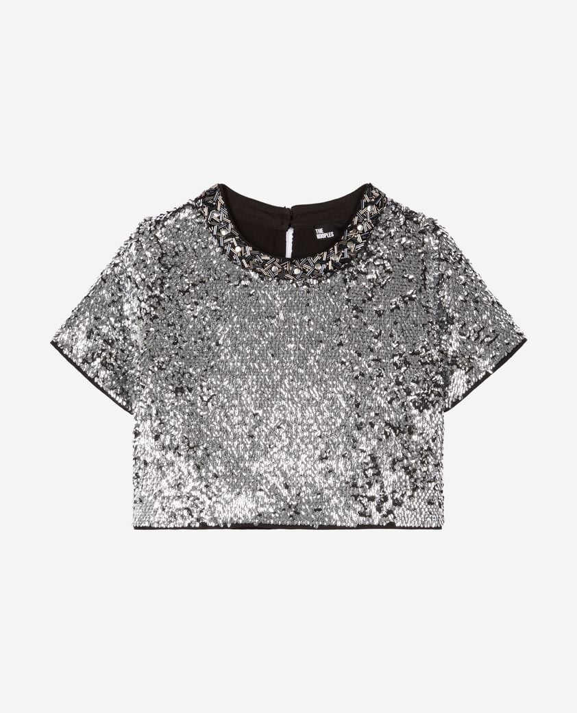 The Kooples WOMEN SILVER silver sequin crop top
