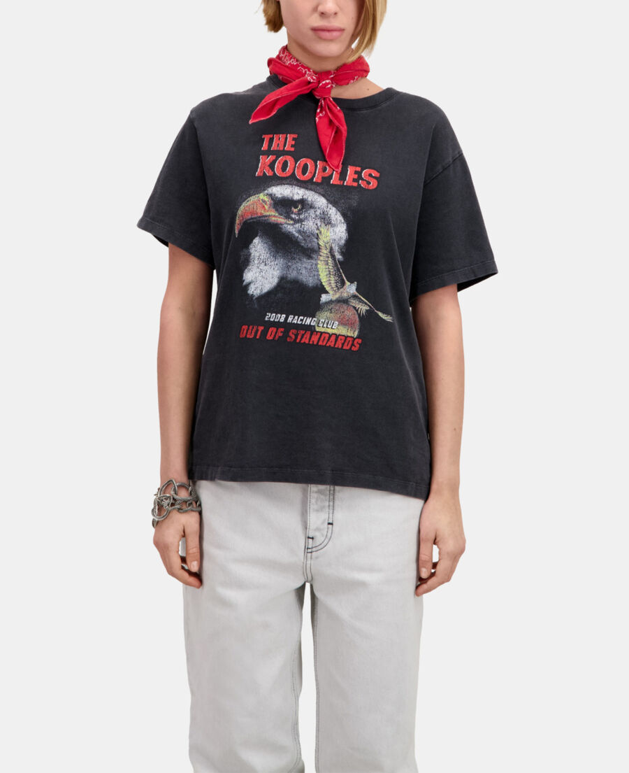 The Kooples DAMEN BLACK WASHED schwarzes t-shirt damen mit „eagle“-siebdruck