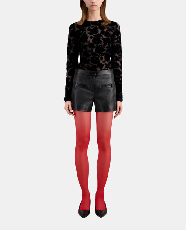 black leather shorts with pintuck details