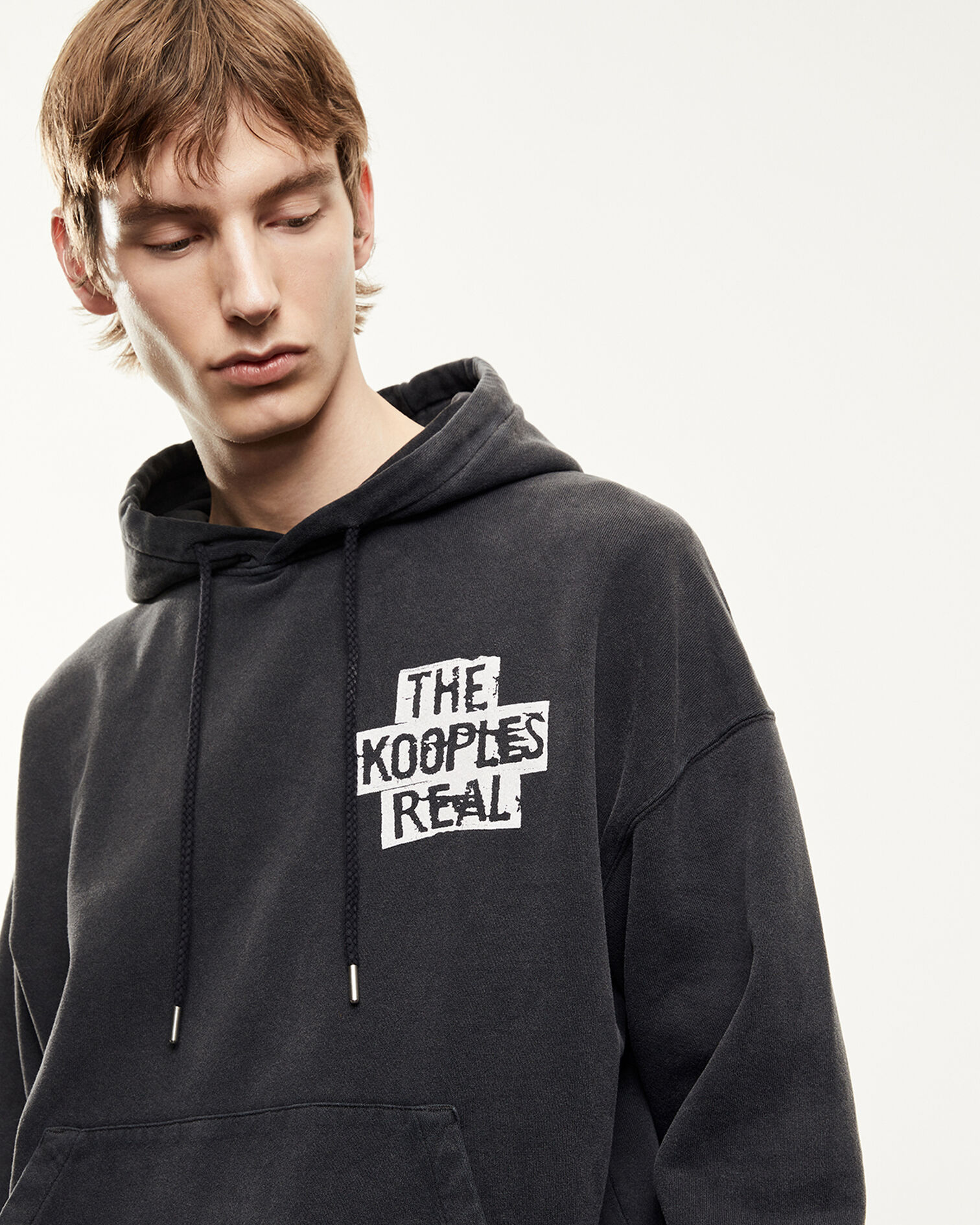 Dark gray sweatshirt with hood and print, BLACK WASHED, hi-res image number null