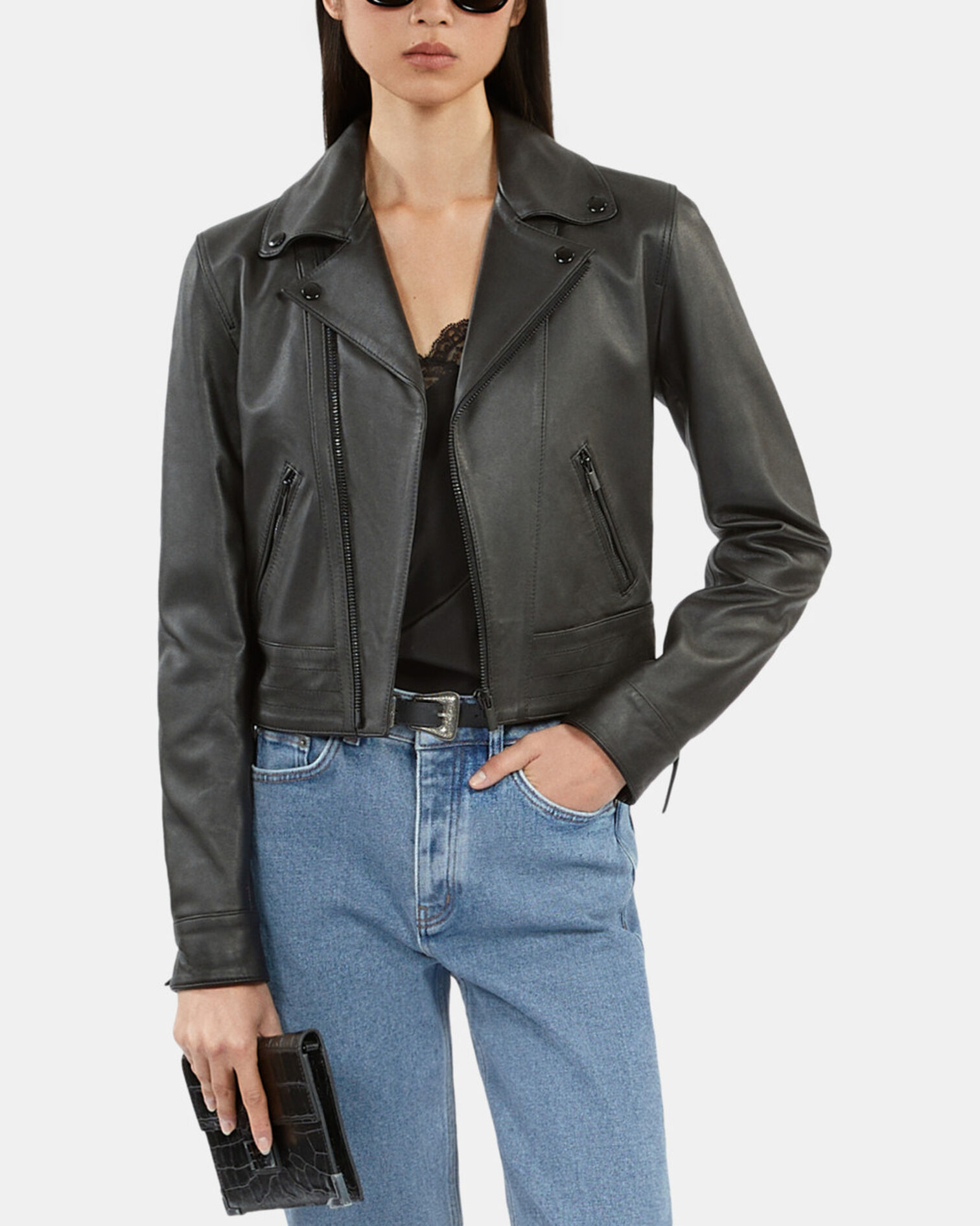 Black leather studded jacket, BLACK, hi-res image number null
