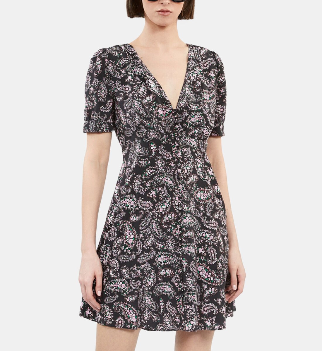 Black and pink paisley print short dress with buttons