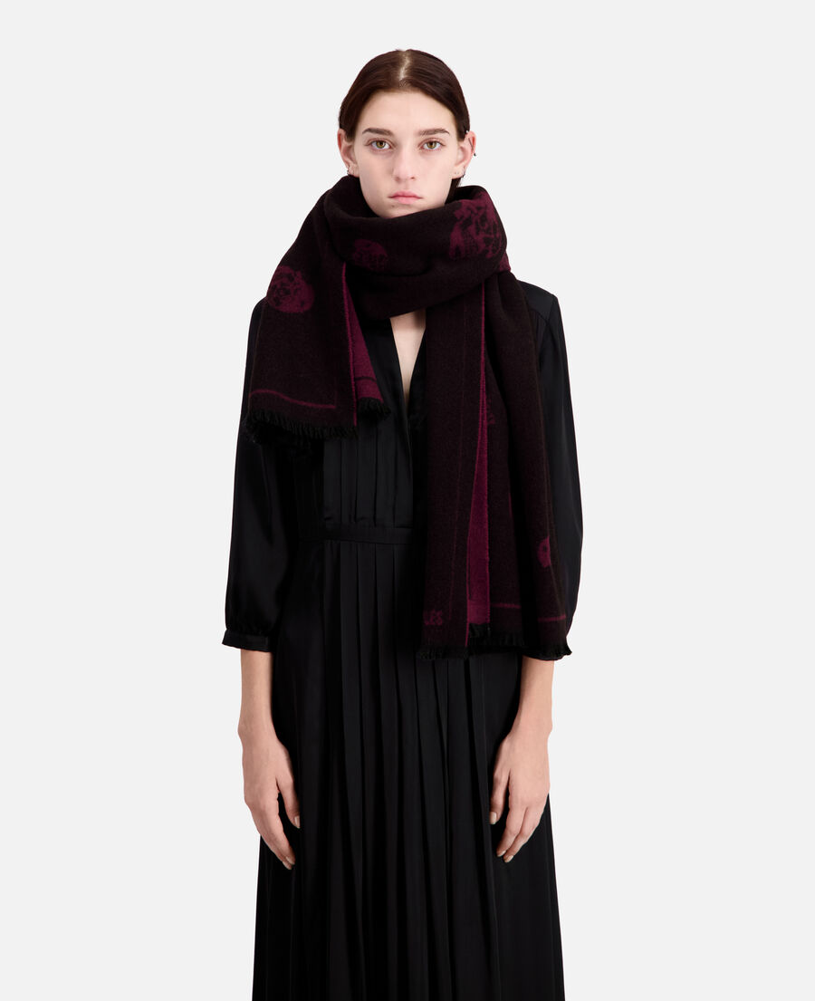 black and burgundy wool scarf with skulls