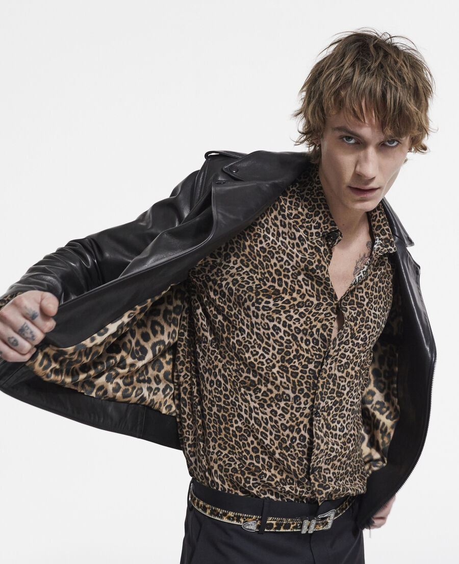 Leather jacket with leopard print lining