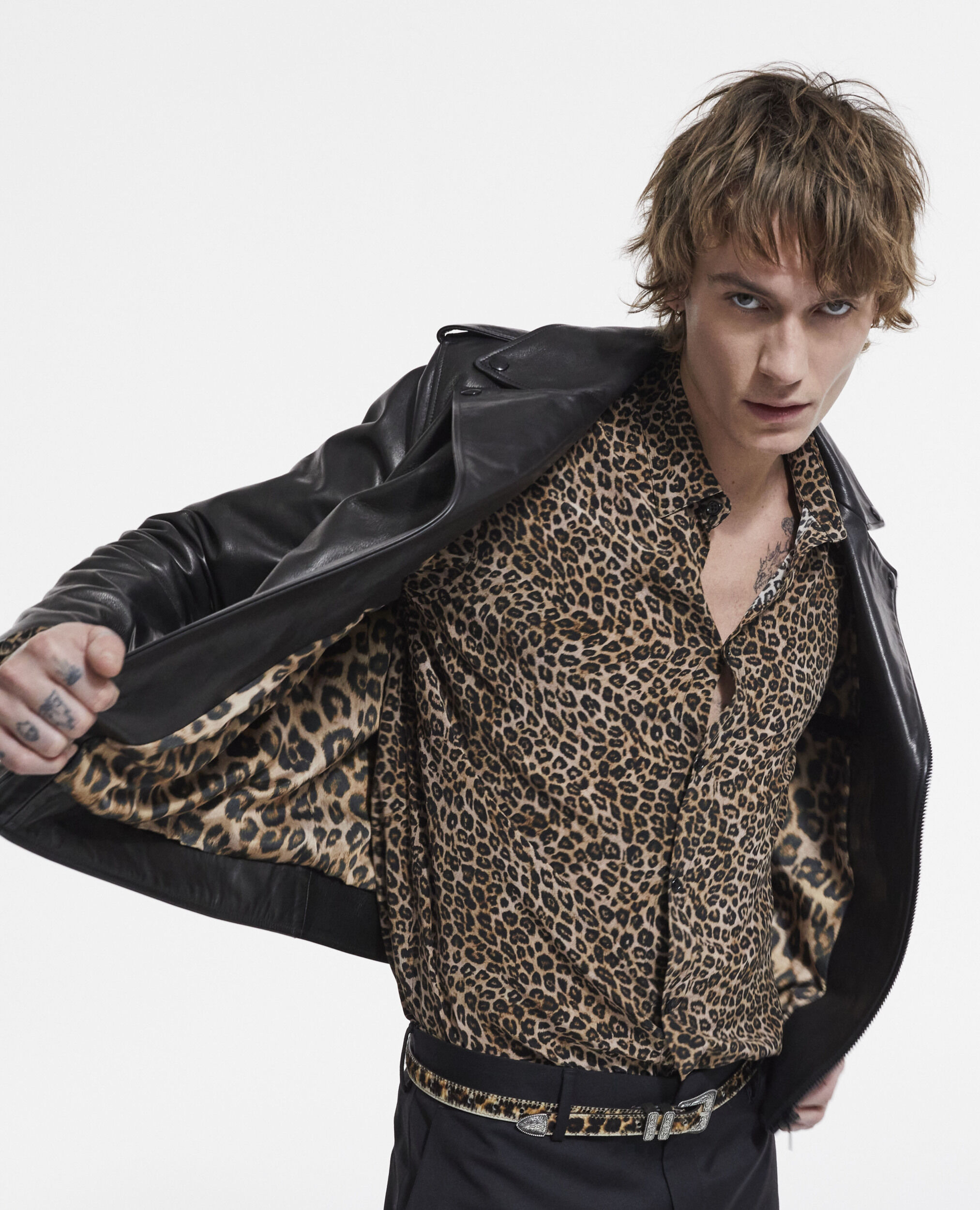 Leather jacket with leopard print lining, BLACK, hi-res image number null