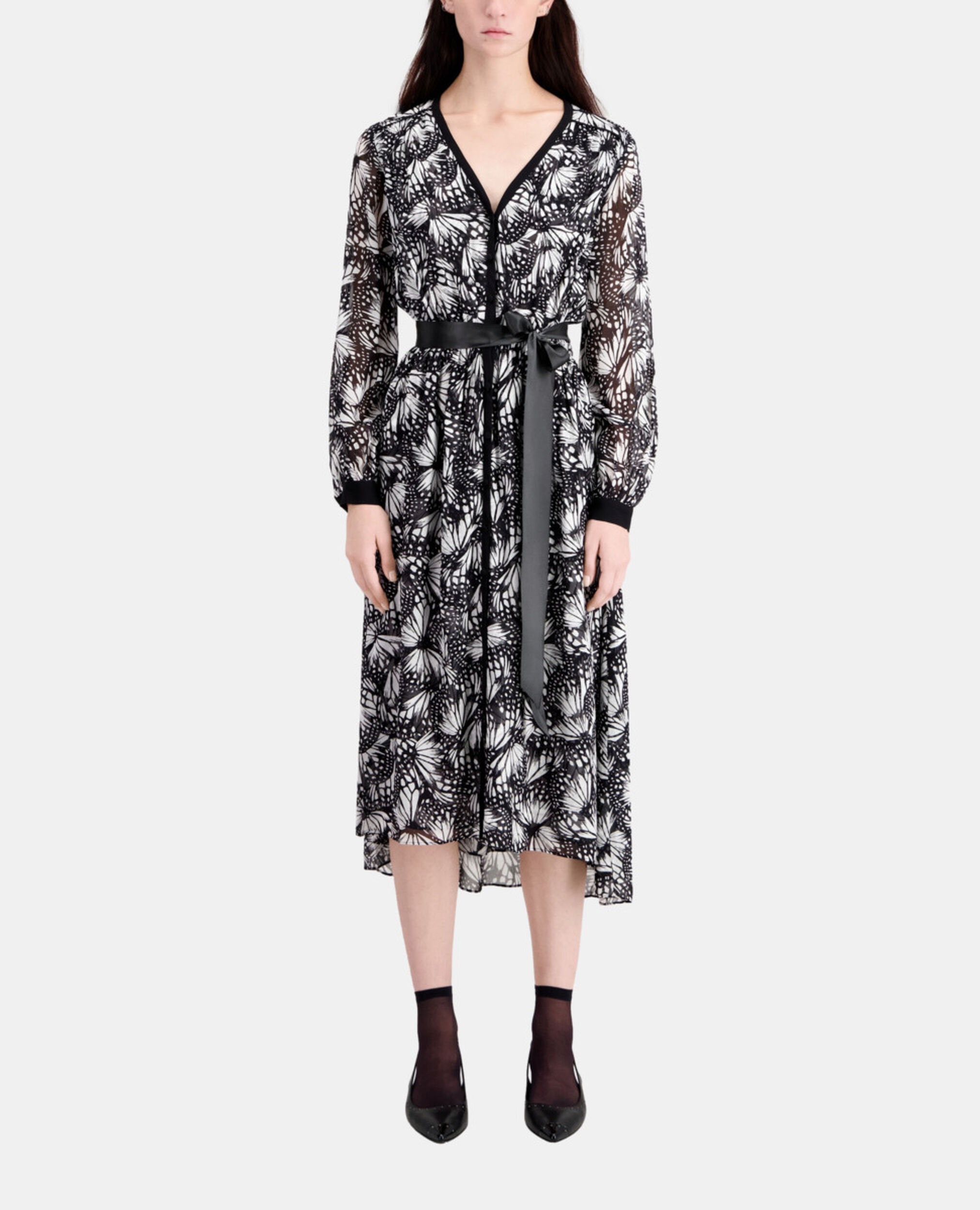 Long printed dress with buttoning, BLACK WHITE, hi-res image number null