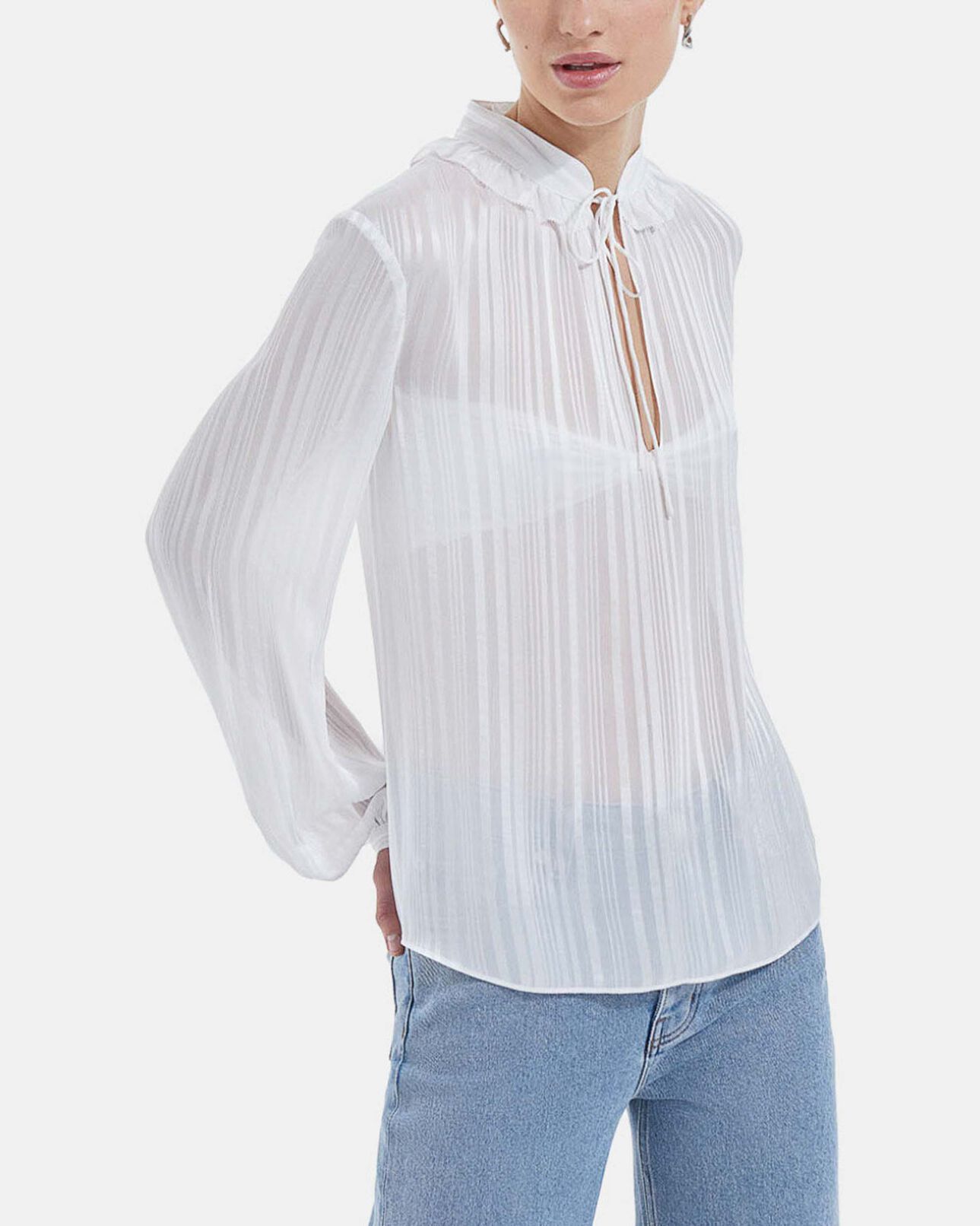 The Kooples FEMME WHITE top fluide écru à col noué effet rayé