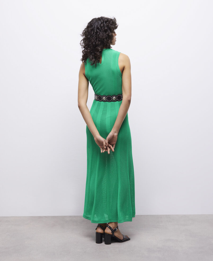 long green dress in openwork mesh