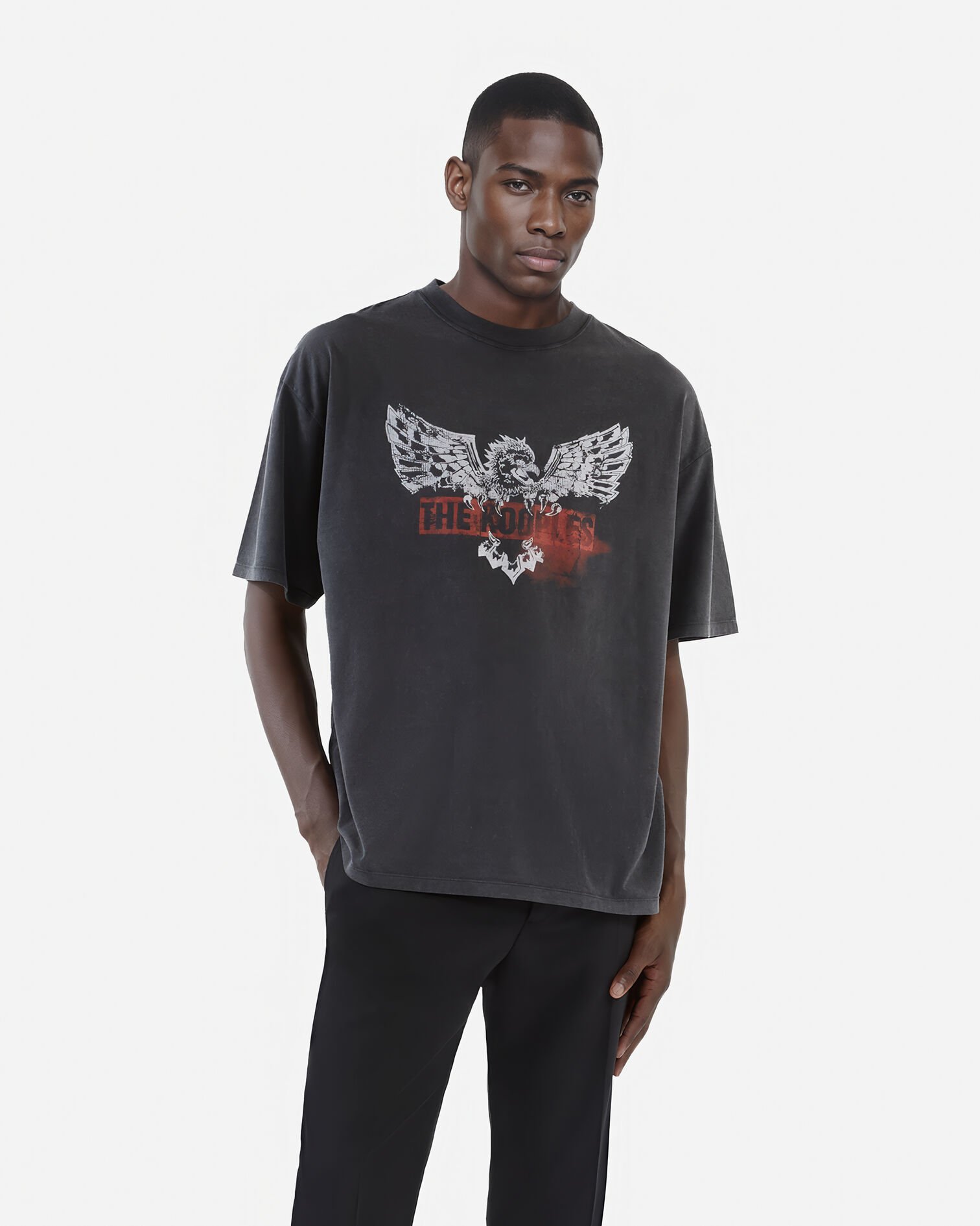 T-shirt avec sérigraphie aigle noir, BLACK WASHED, hi-res image number null