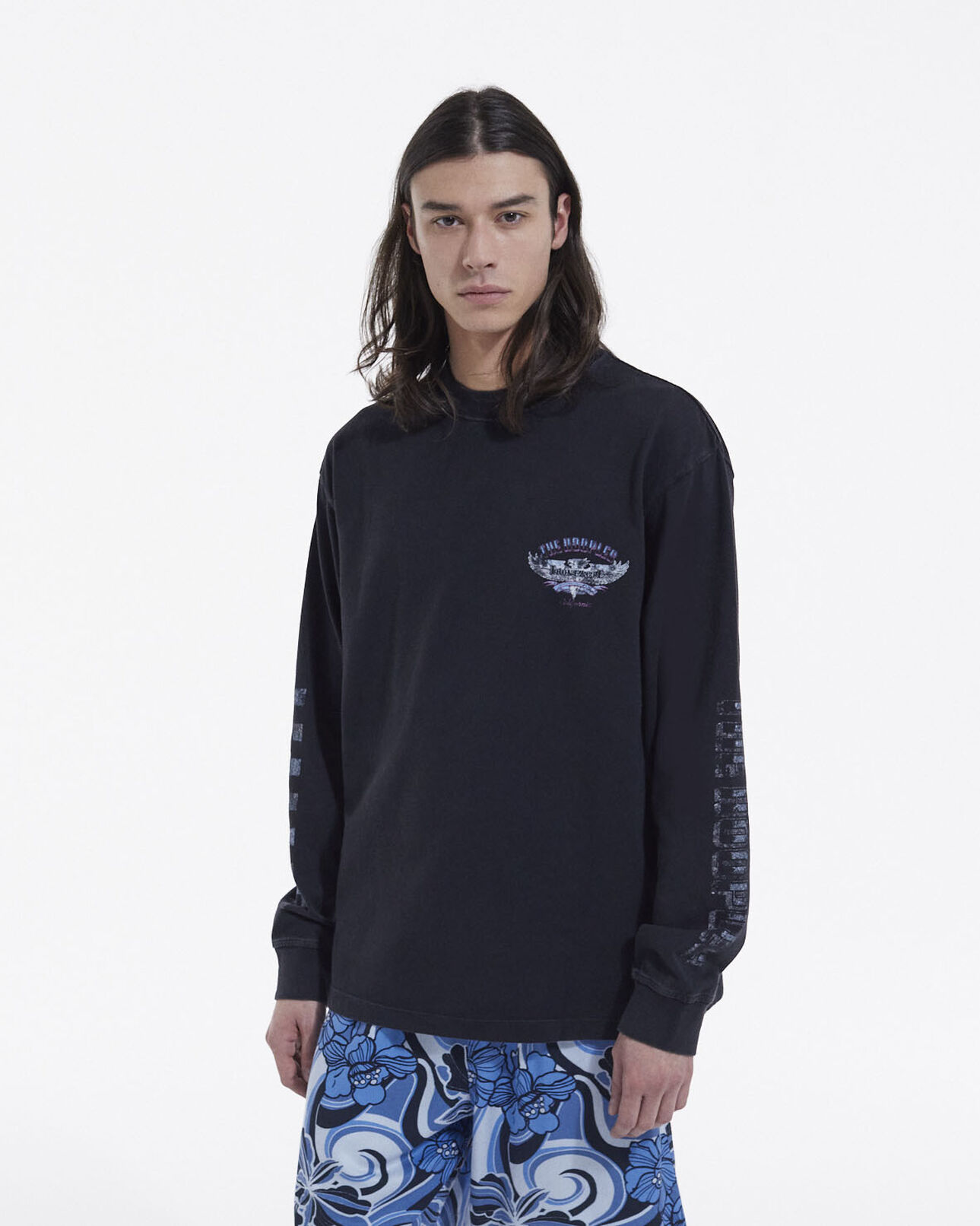 The Kooples HOMME BLACK WASHED t-shirt noir coton imprimé manches longues