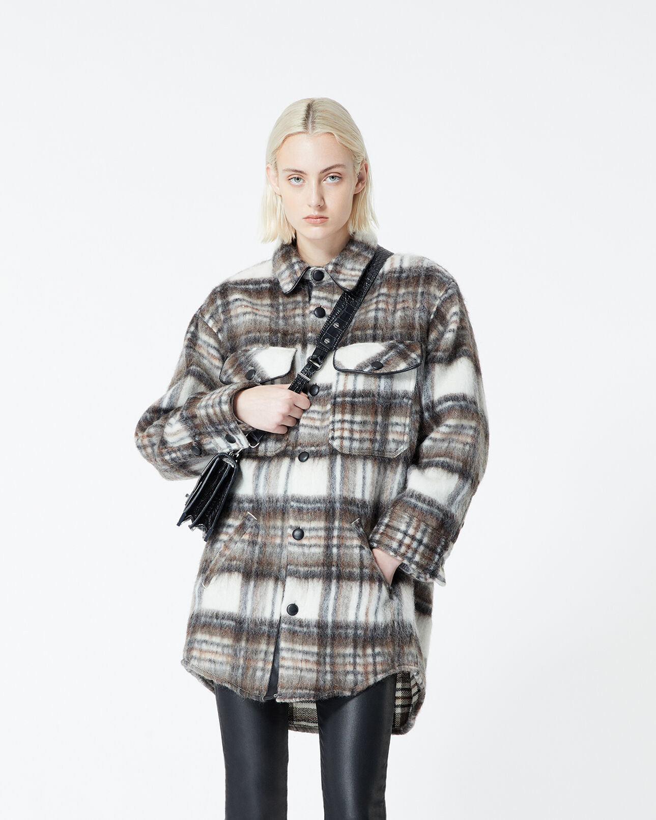 The Kooples WOMEN BROWN/WHITE oversized wool blend check shirt jacket with leather details