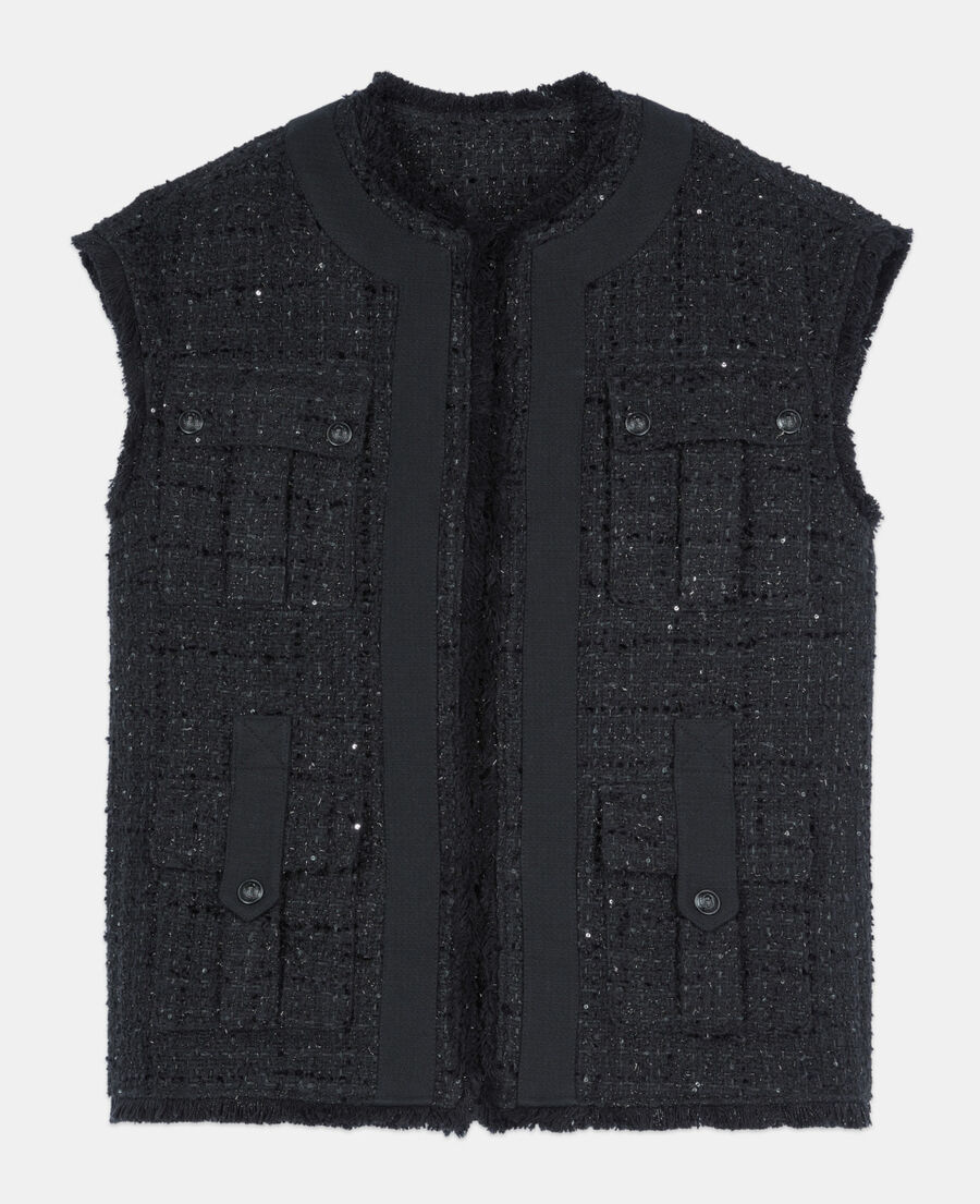 The Kooples WOMEN BLACK black tweed sleeveless jacket