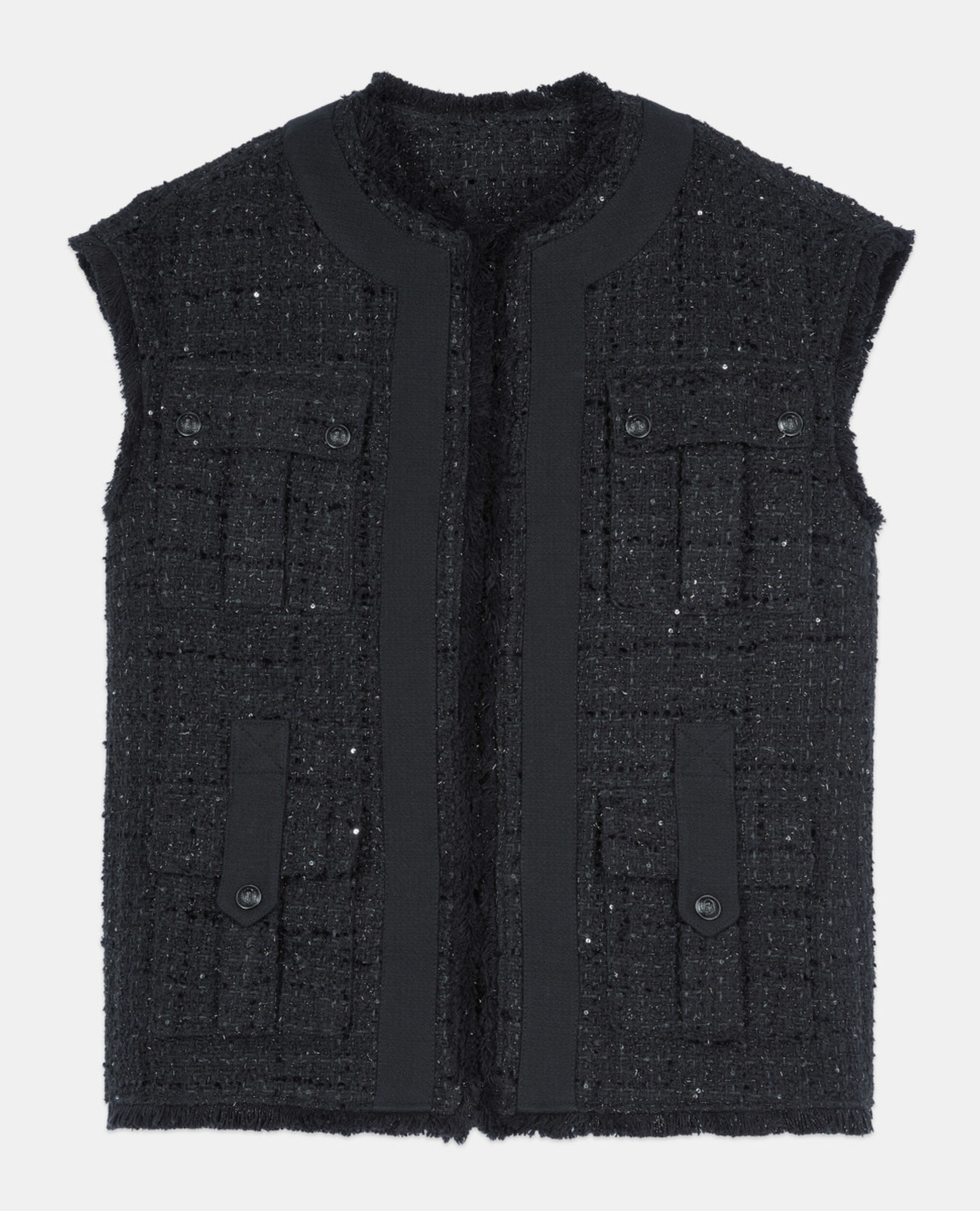 Black tweed sleeveless jacket, BLACK, hi-res image number null
