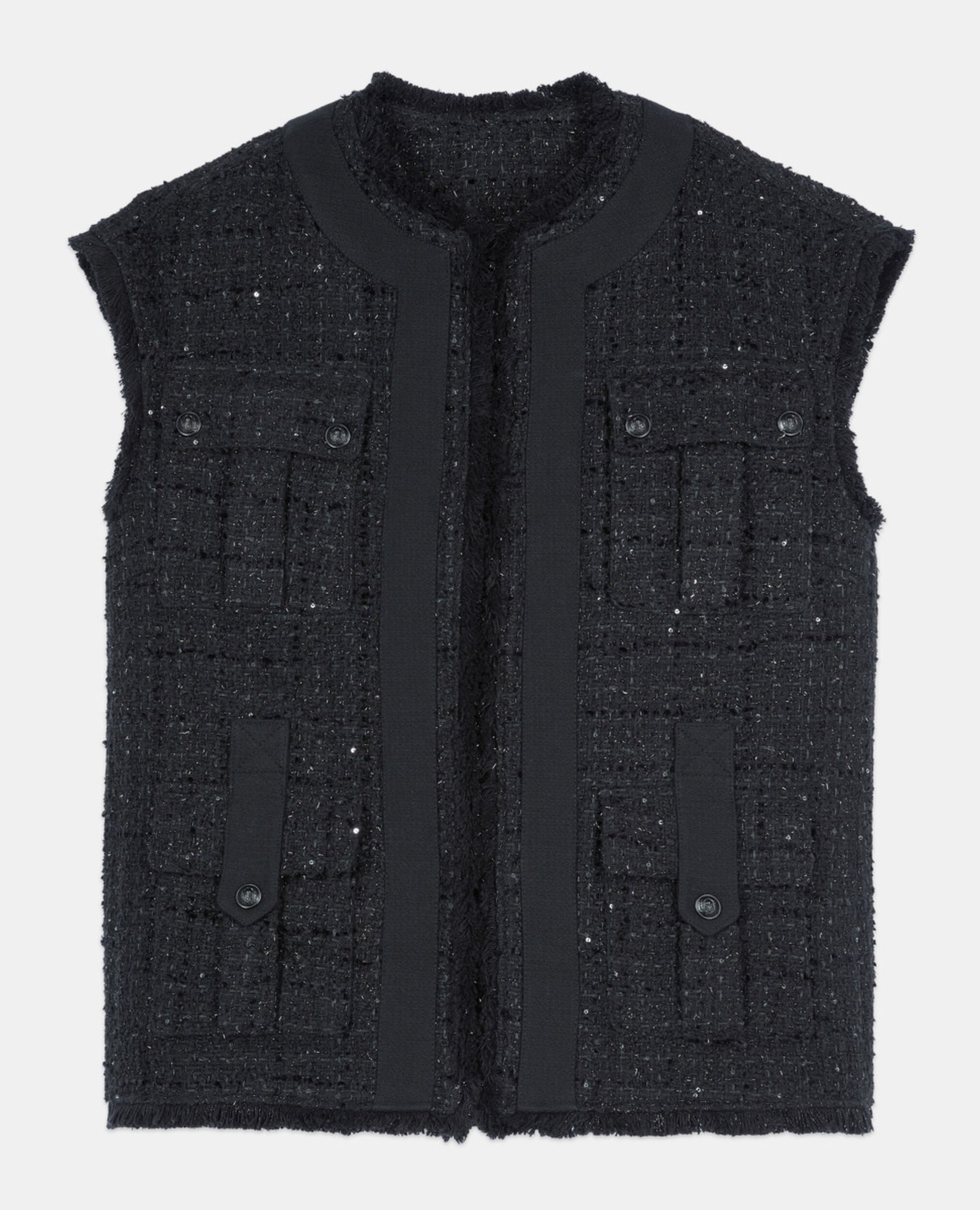 Black tweed sleeveless jacket, BLACK, hi-res image number null