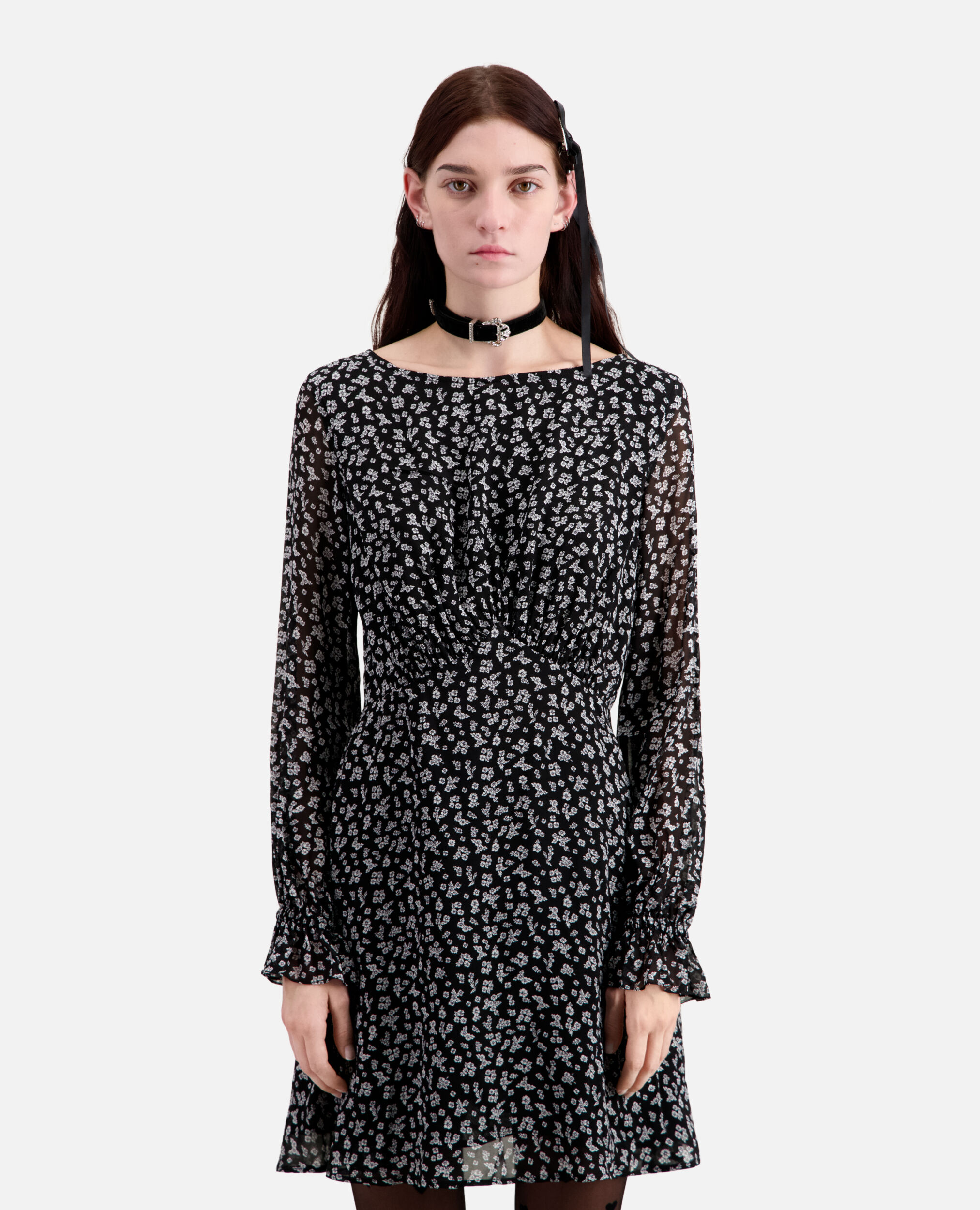 Kurzes Kleid mit Print, BLACK-ECRU, hi-res image number null