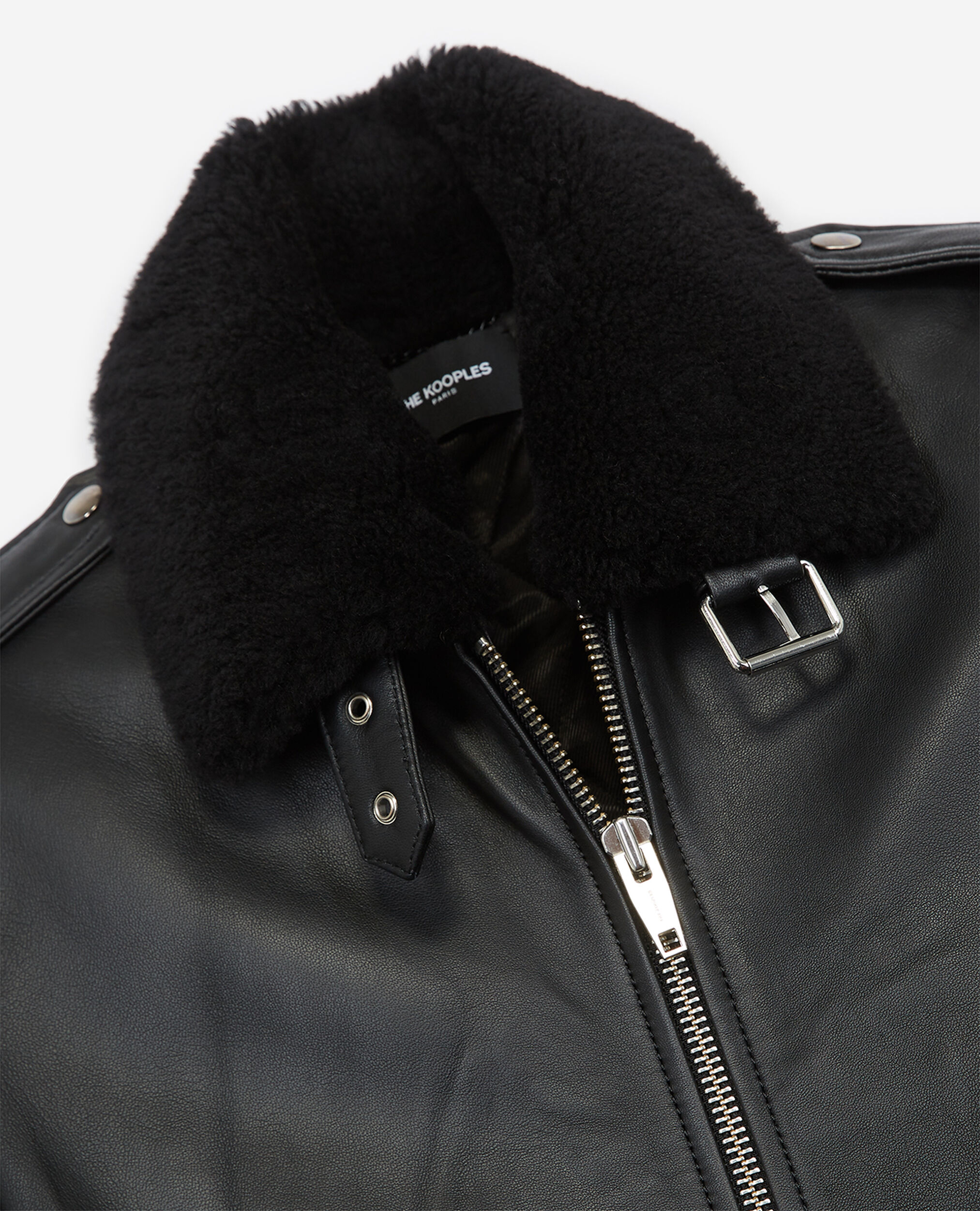 Black leather flight jacket w/shearling neck, BLACK, hi-res image number null